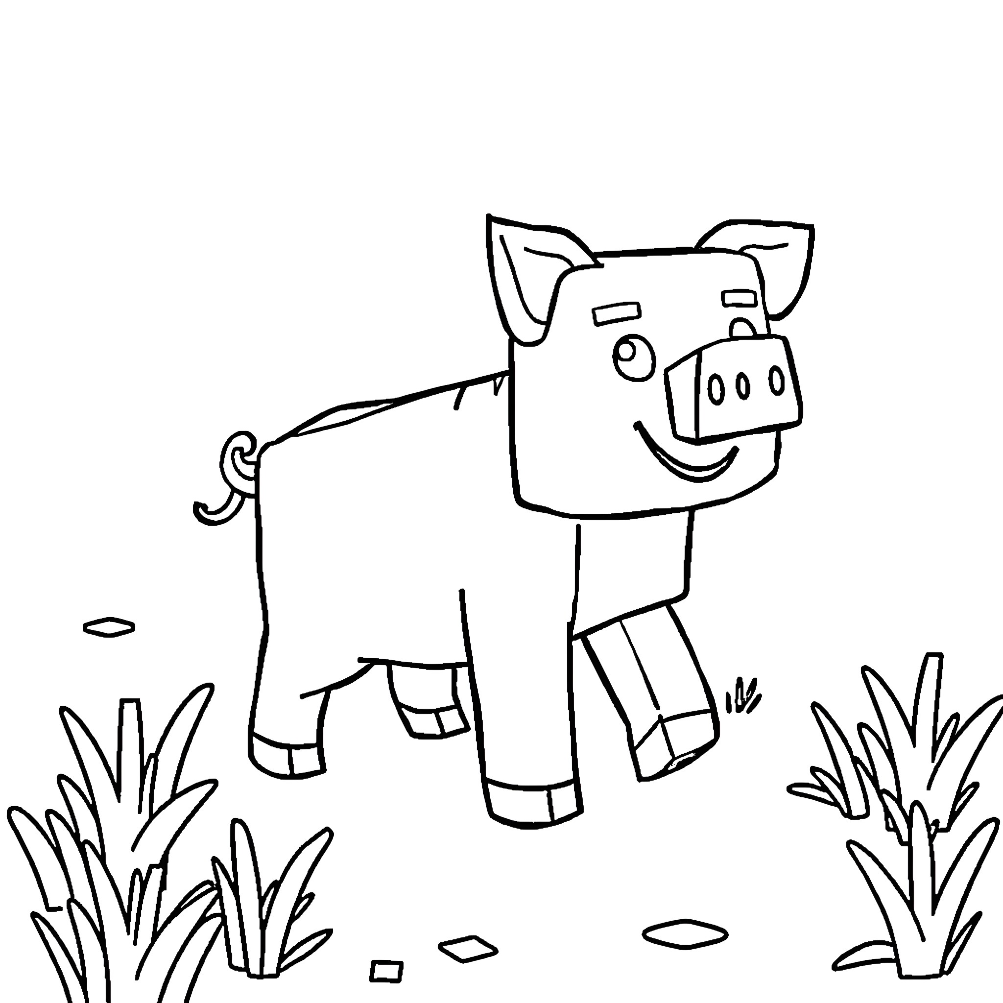 Pig standing in a field Coloring Page (free black-and-white line drawing printable PDF for all, from beginners to advanced learners, including children, teens, adults, and seniors)