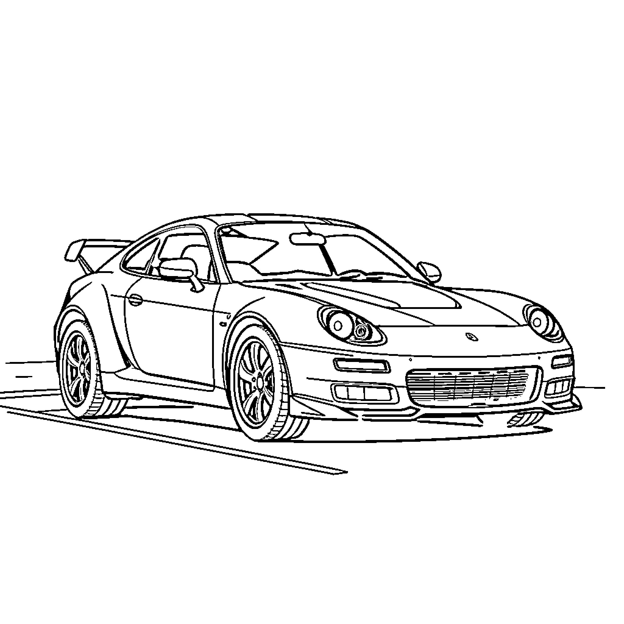 Scorpio sports car on the racetrack Coloring Page (free black-and-white line drawing printable PDF for all, from beginners to advanced learners, including children, teens, adults, and seniors)