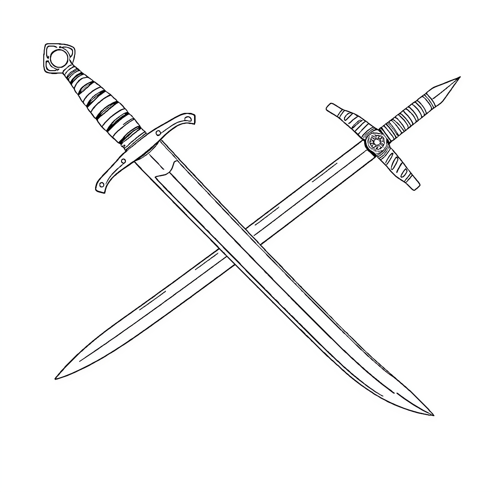 Sword Wielding Duo in Combat Stance Coloring Page (free black-and-white line drawing printable PDF for all, from beginners to advanced learners, including children, teens, adults, and seniors)