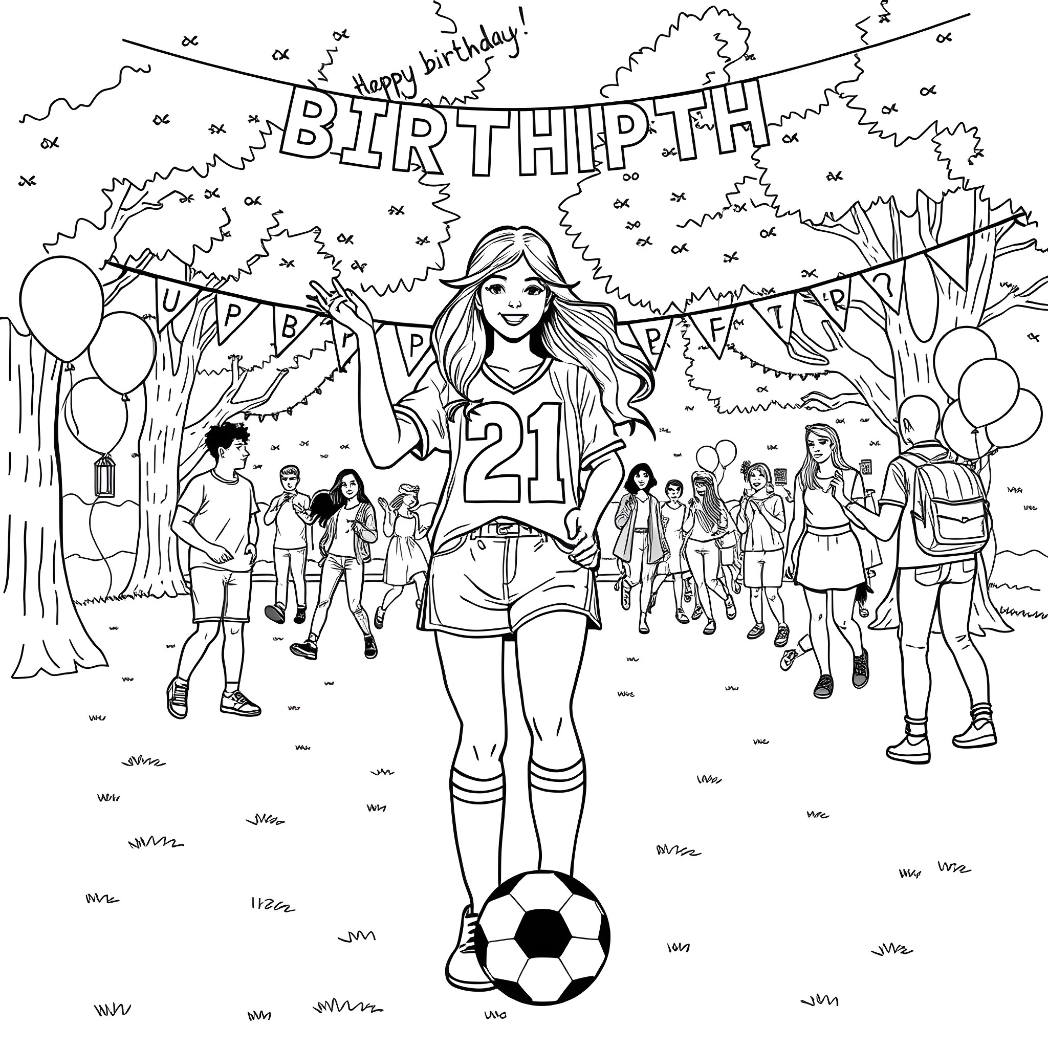 Sharina's 21st Birthday Party Celebration Coloring Page (free black-and-white line drawing printable PDF for all, from beginners to advanced learners, including children, teens, adults, and seniors)