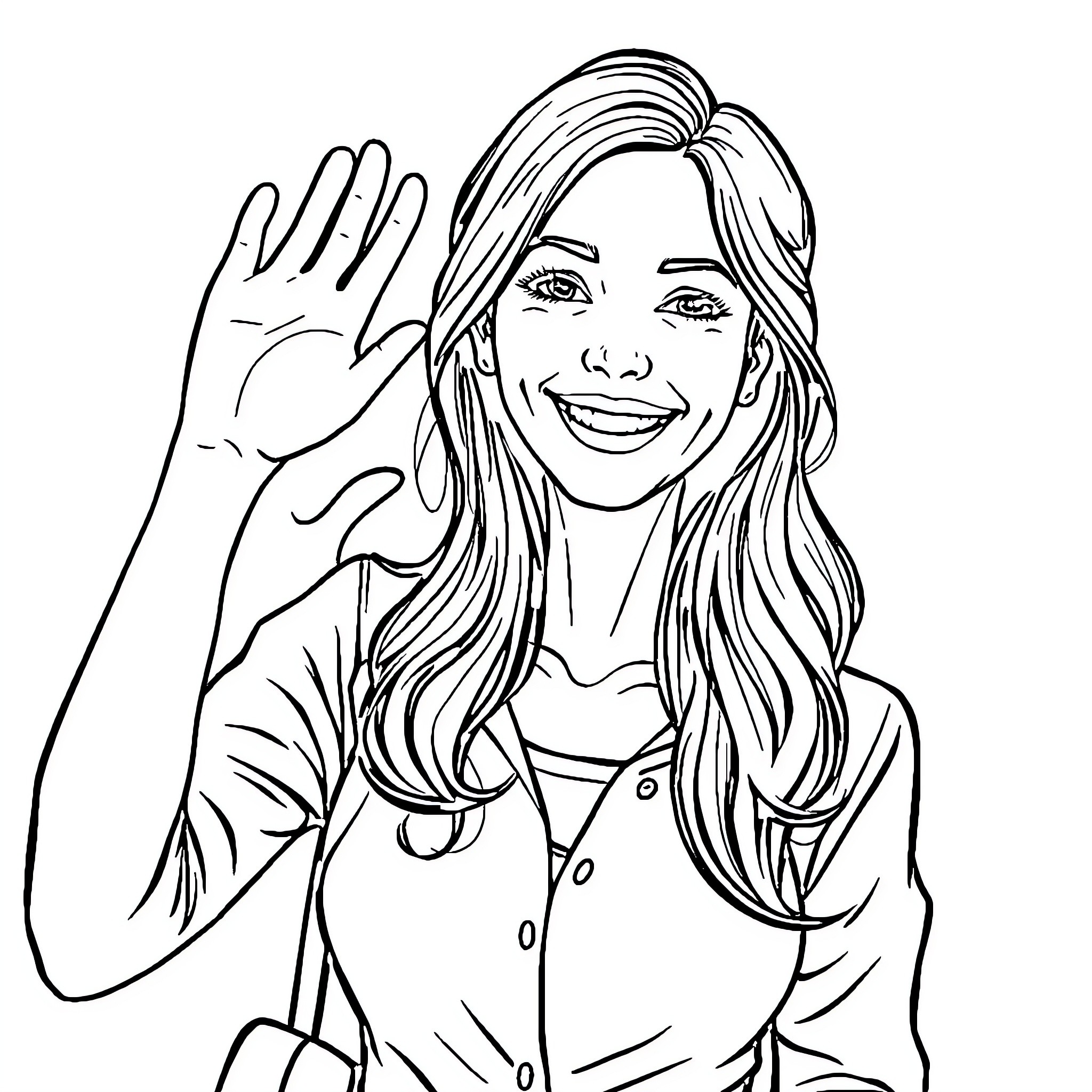 Woman waving with a friendly smile Coloring Page (free black-and-white line drawing printable PDF for all, from beginners to advanced learners, including children, teens, adults, and seniors)