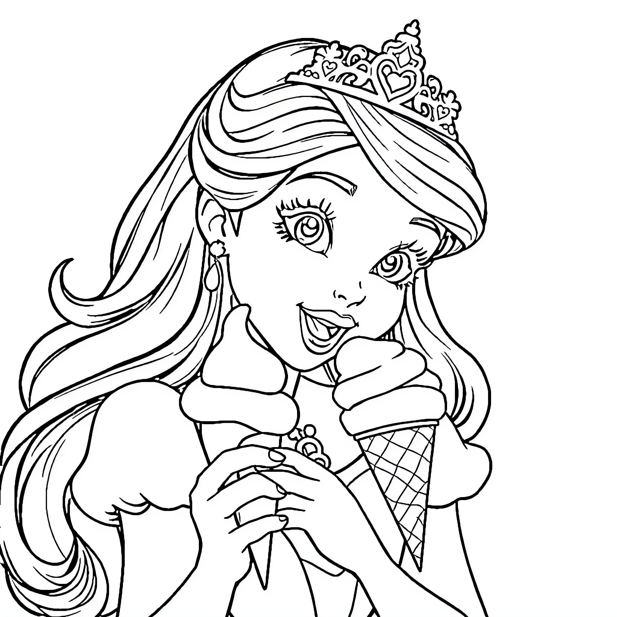 Princess Enjoying a Sweet Treat Coloring Page (free black-and-white line drawing printable PDF for all, from beginners to advanced learners, including children, teens, adults, and seniors)