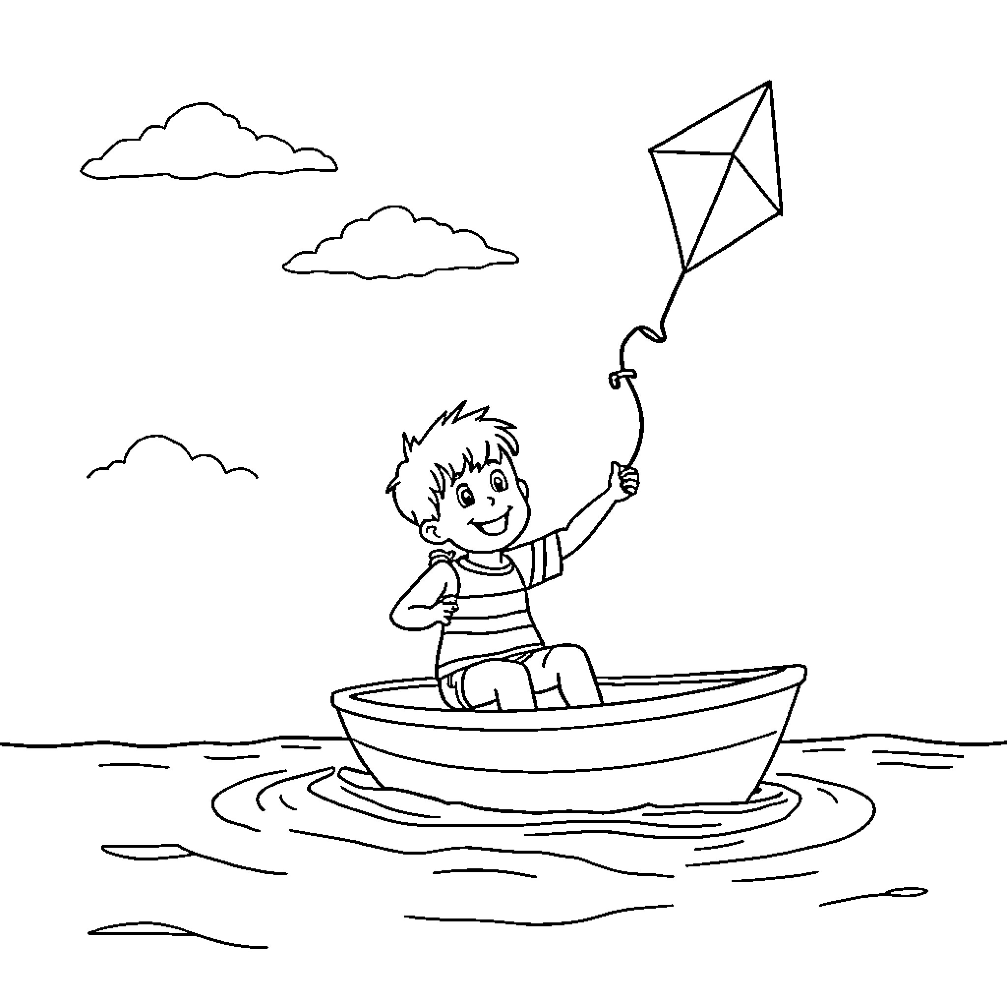 Boat boy flying kite on water Coloring Page (free black-and-white line drawing printable PDF for all, from beginners to advanced learners, including children, teens, adults, and seniors)