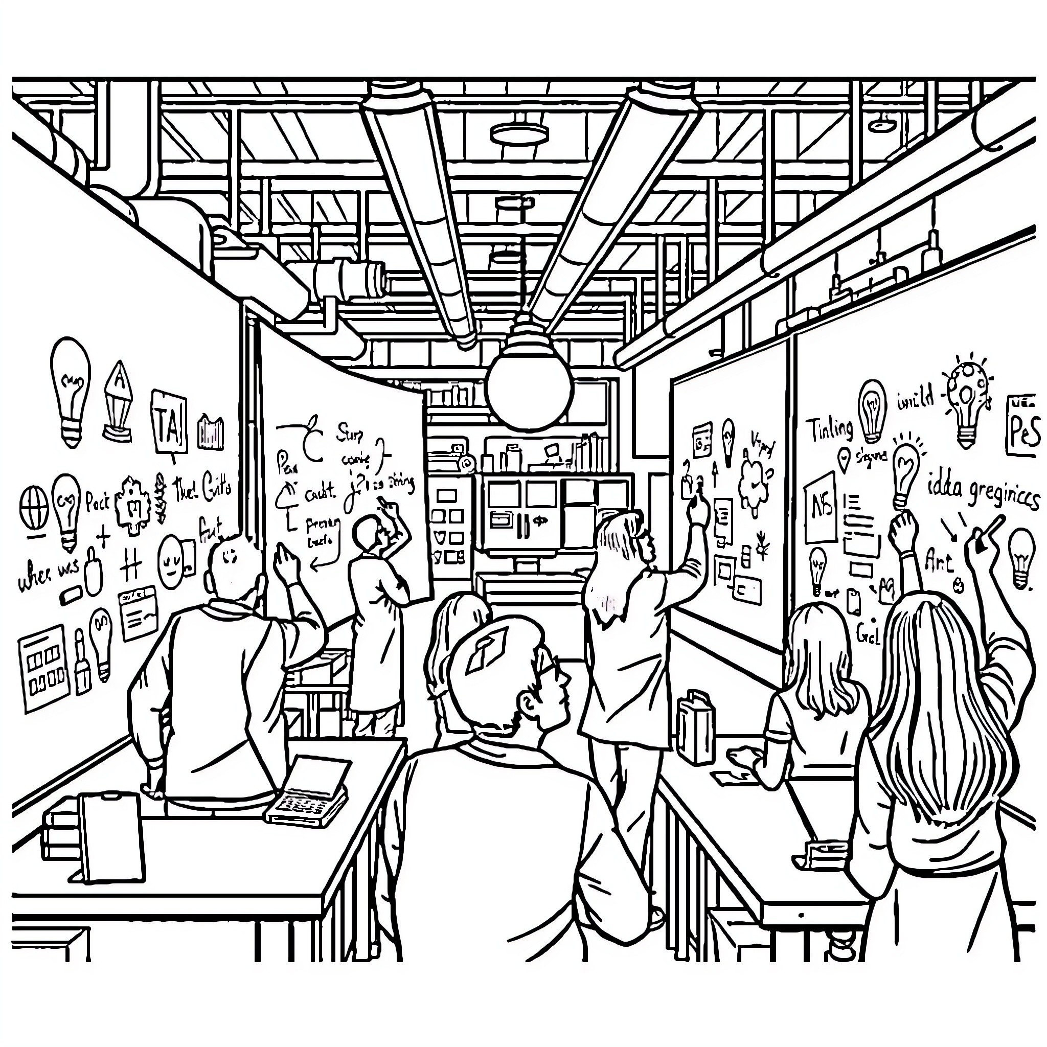 Idea of Teamwork in an Office Environment Coloring Page (free black-and-white line drawing printable PDF for all, from beginners to advanced learners, including children, teens, adults, and seniors)