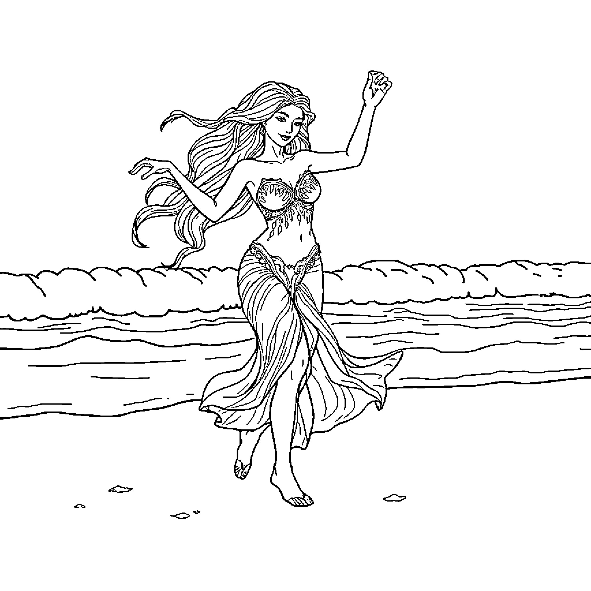 Iemanjá dancing gracefully by the ocean Coloring Page (free black-and-white line drawing printable PDF for all, from beginners to advanced learners, including children, teens, adults, and seniors)