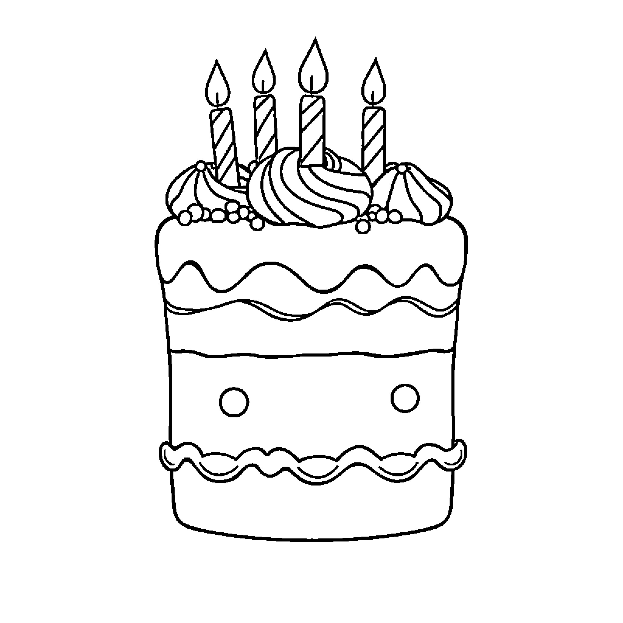 Birthday Cake with Lit Candles Coloring Page (free black-and-white line drawing printable PDF for all, from beginners to advanced learners, including children, teens, adults, and seniors)