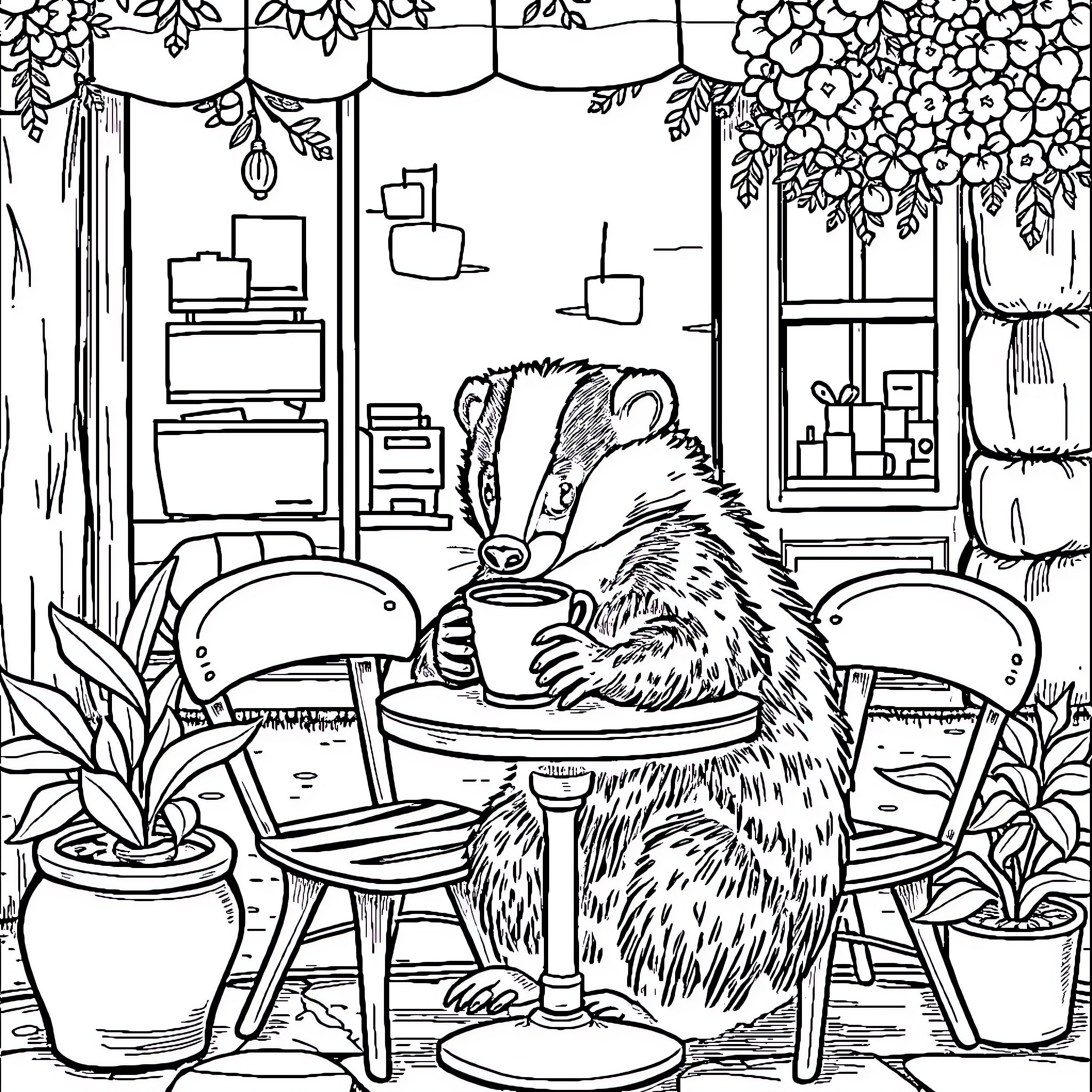 Honey Badger enjoying a cozy cafe in the woods Coloring Page (free black-and-white line drawing printable PDF for all, from beginners to advanced learners, including children, teens, adults, and seniors)