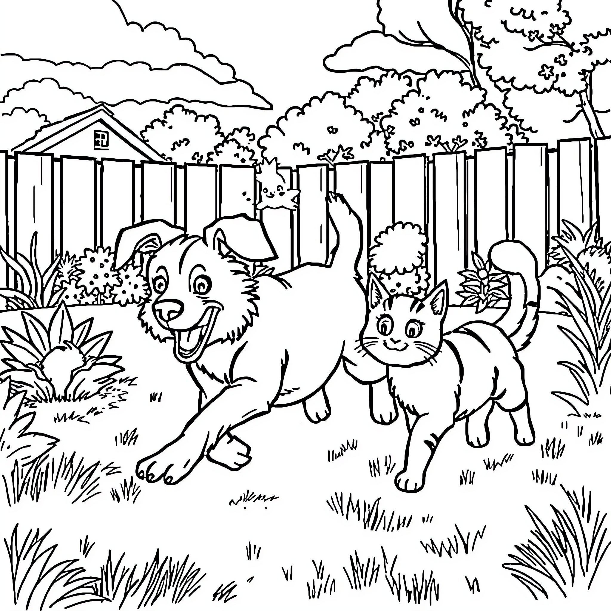 Dog and cat playing happily in the backyard Coloring Page (free black-and-white line drawing printable PDF for all, from beginners to advanced learners, including children, teens, adults, and seniors)