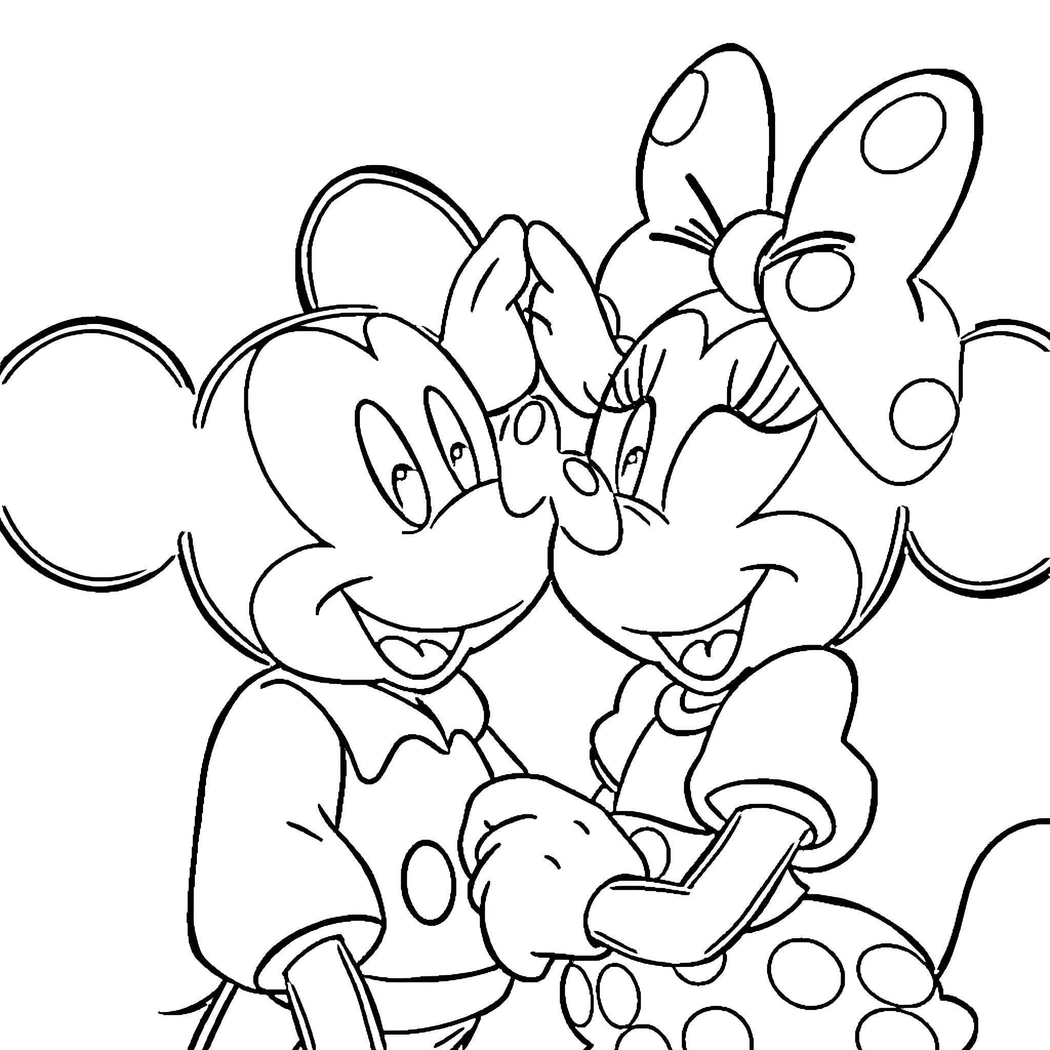 Mickey Mouse and Minnie Mouse in a playful embrace Coloring Page (free black-and-white line drawing printable PDF for all, from beginners to advanced learners, including children, teens, adults, and seniors)