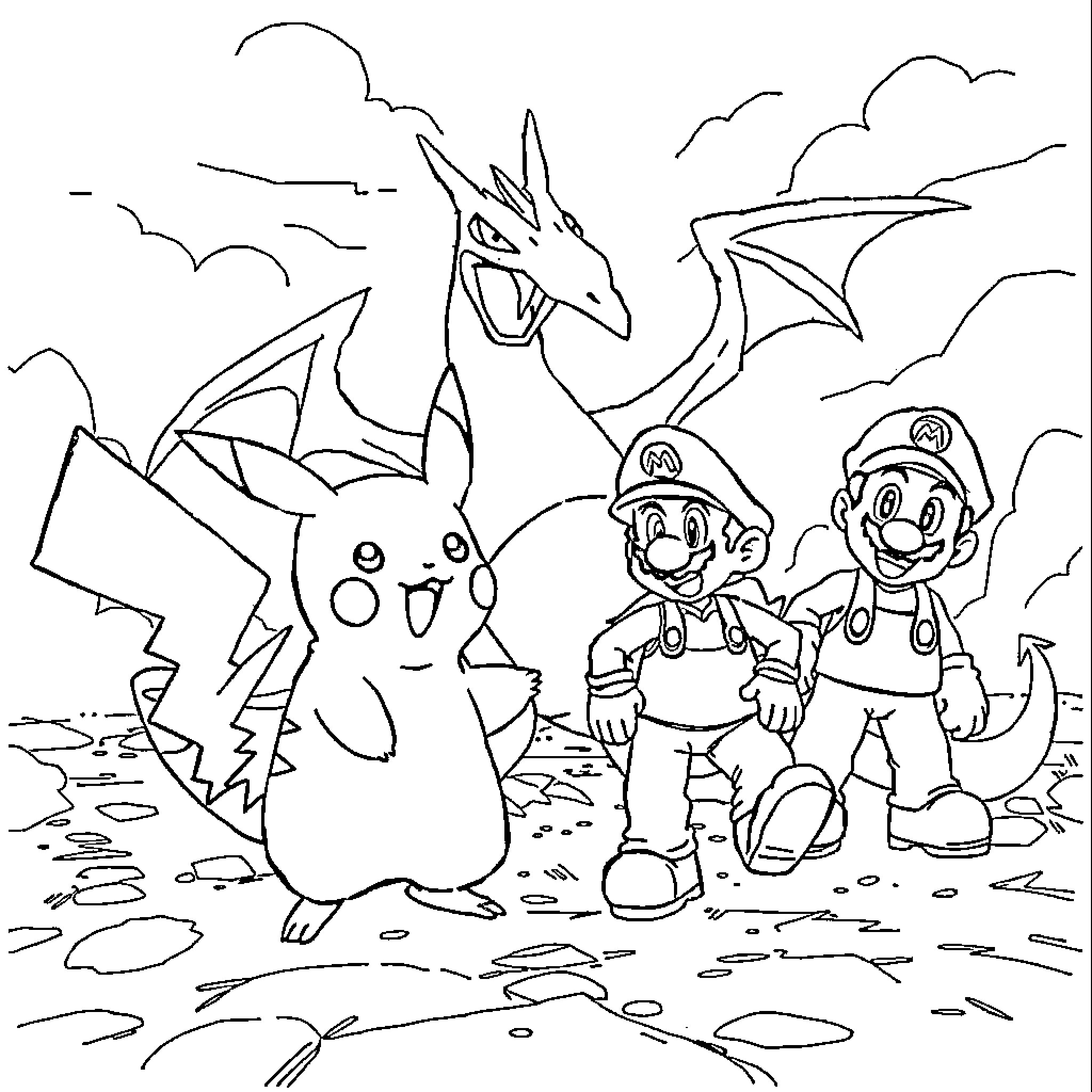 Pikachu and Mario exploring a fantastical landscape Coloring Page (free black-and-white line drawing printable PDF for all, from beginners to advanced learners, including children, teens, adults, and seniors)