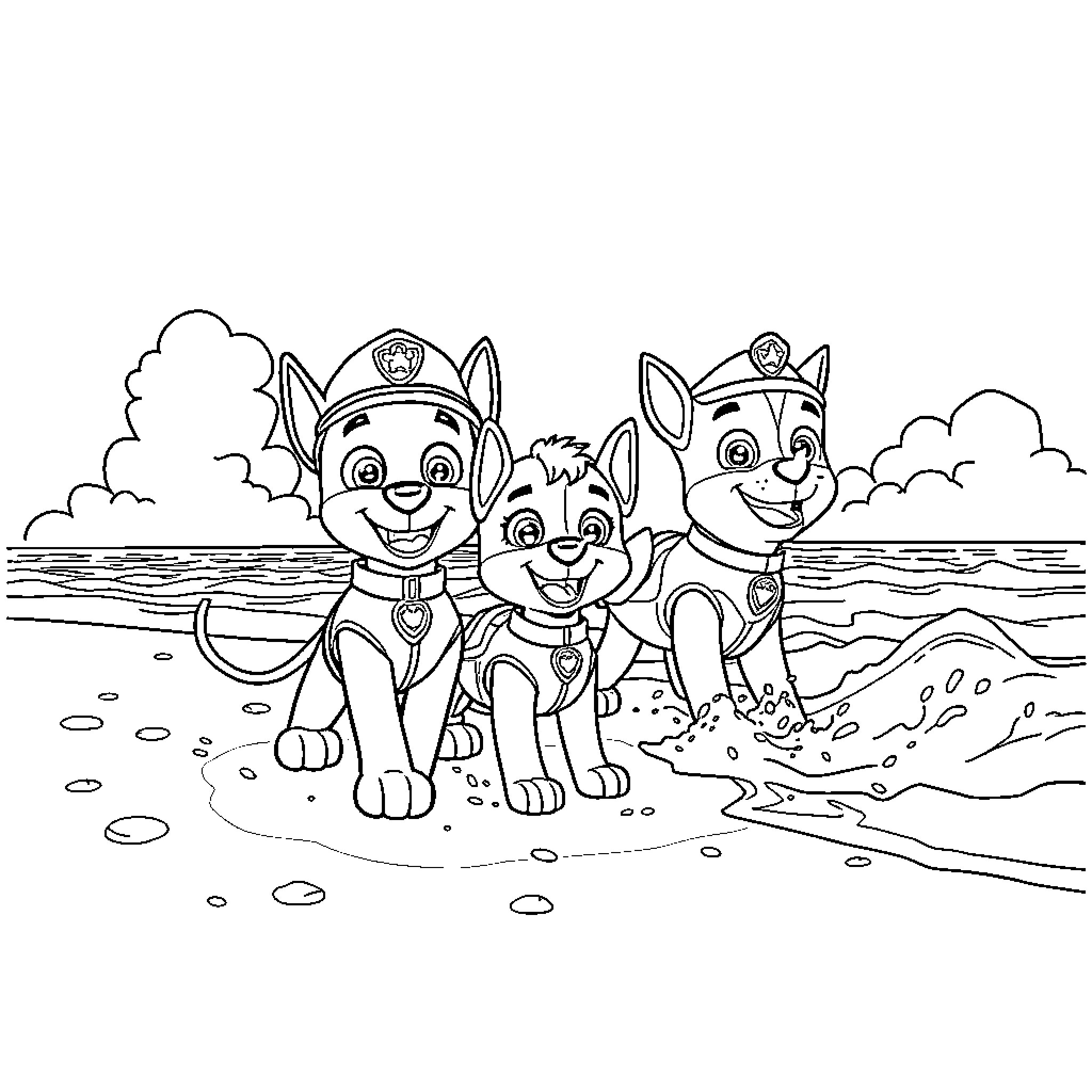 Paw Patrol Pups Playing by the Beach Coloring Page (free black-and-white line drawing printable PDF for all, from beginners to advanced learners, including children, teens, adults, and seniors)