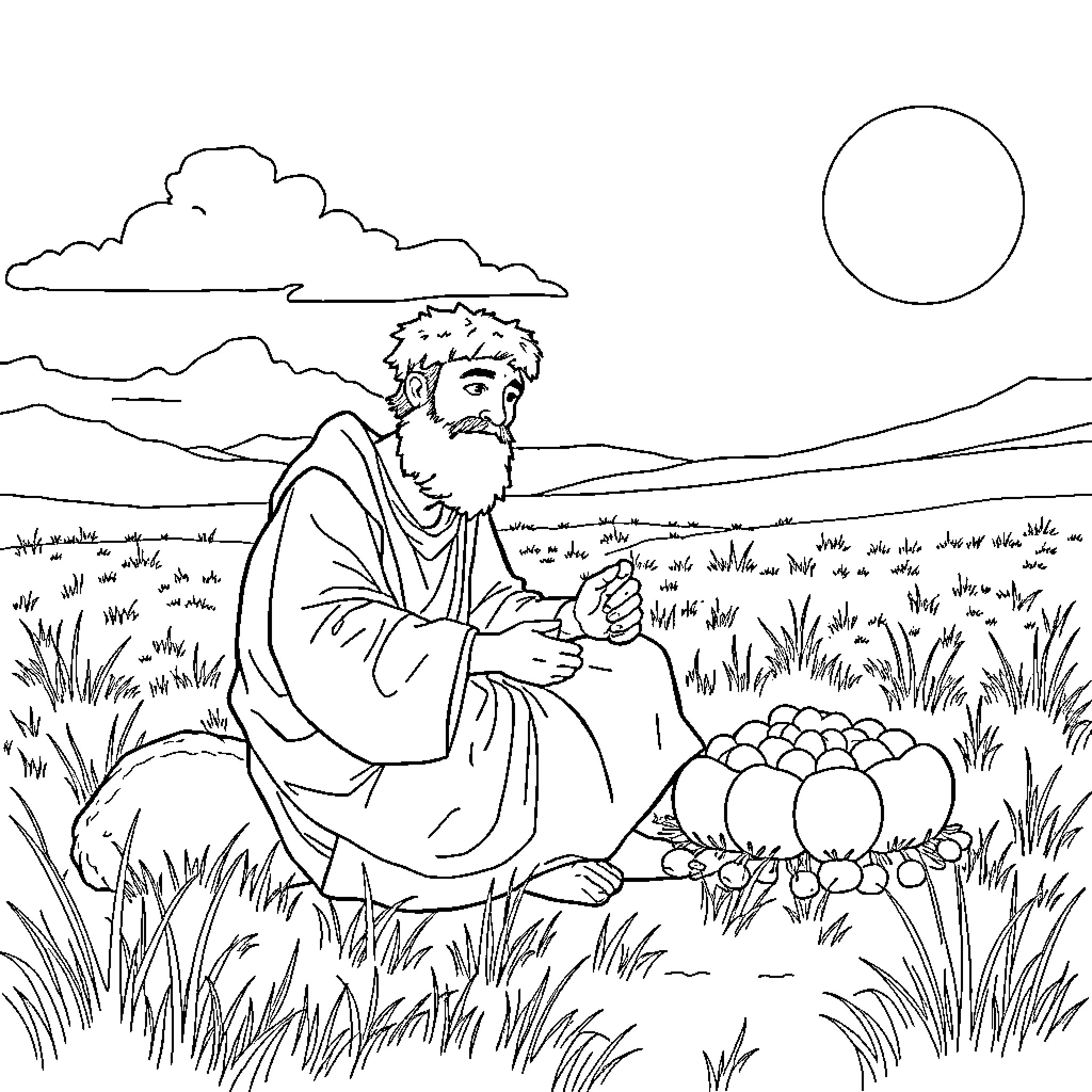 Esau in a thoughtful moment amidst nature Coloring Page (free black-and-white line drawing printable PDF for all, from beginners to advanced learners, including children, teens, adults, and seniors)