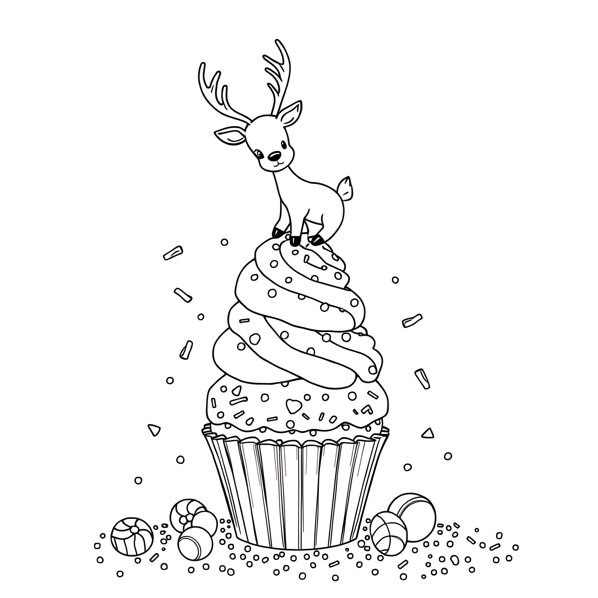Deer standing on a decorated cupcake Coloring Page (free black-and-white line drawing printable PDF for all, from beginners to advanced learners, including children, teens, adults, and seniors)