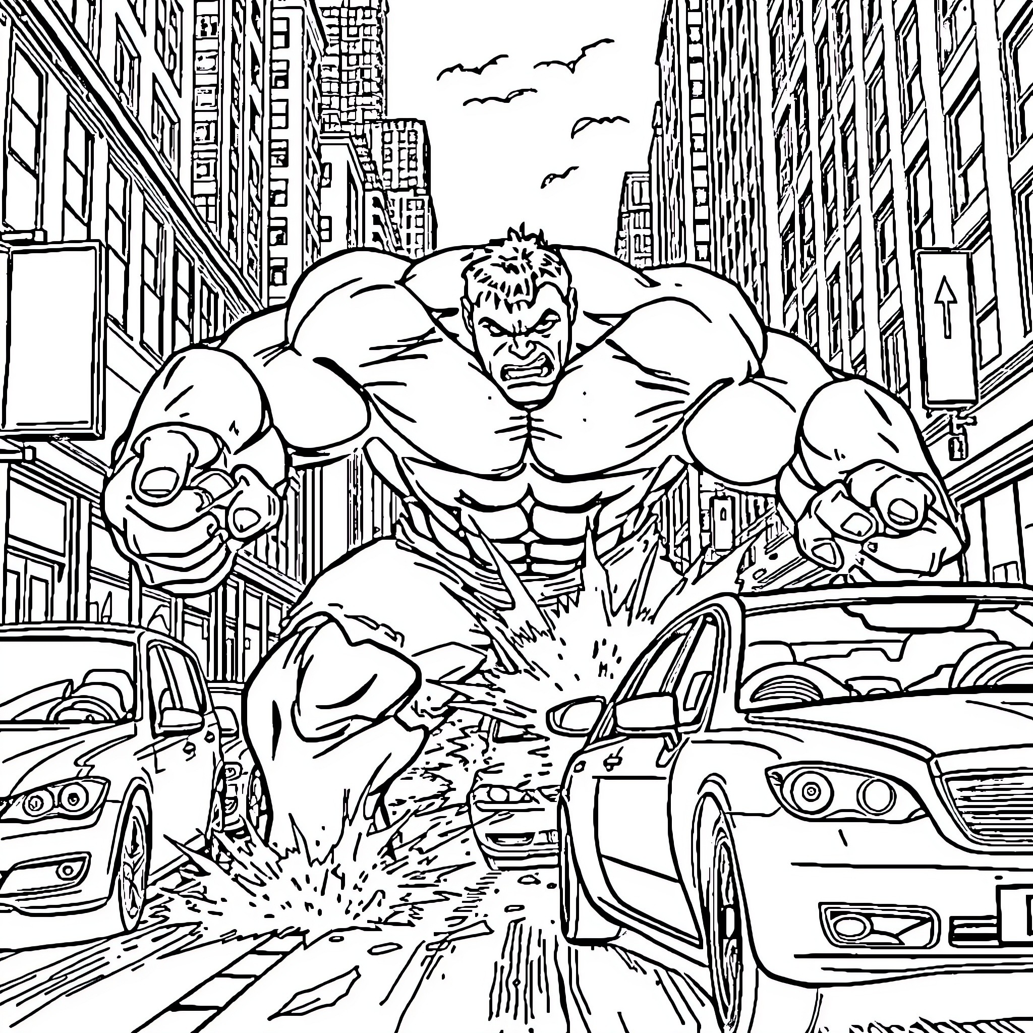 Hulk Smashing Through the City Streets Coloring Page (free black-and-white line drawing printable PDF for all, from beginners to advanced learners, including children, teens, adults, and seniors)