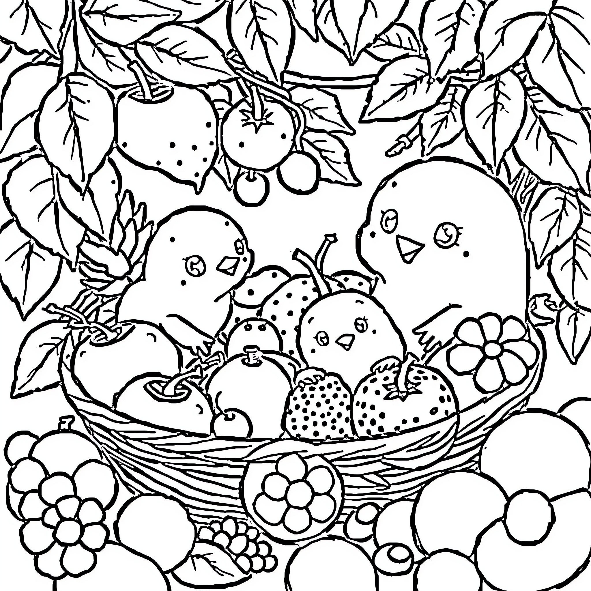Cat Basket of Fruit in Nature Coloring Page (free black-and-white line drawing printable PDF for all, from beginners to advanced learners, including children, teens, adults, and seniors)