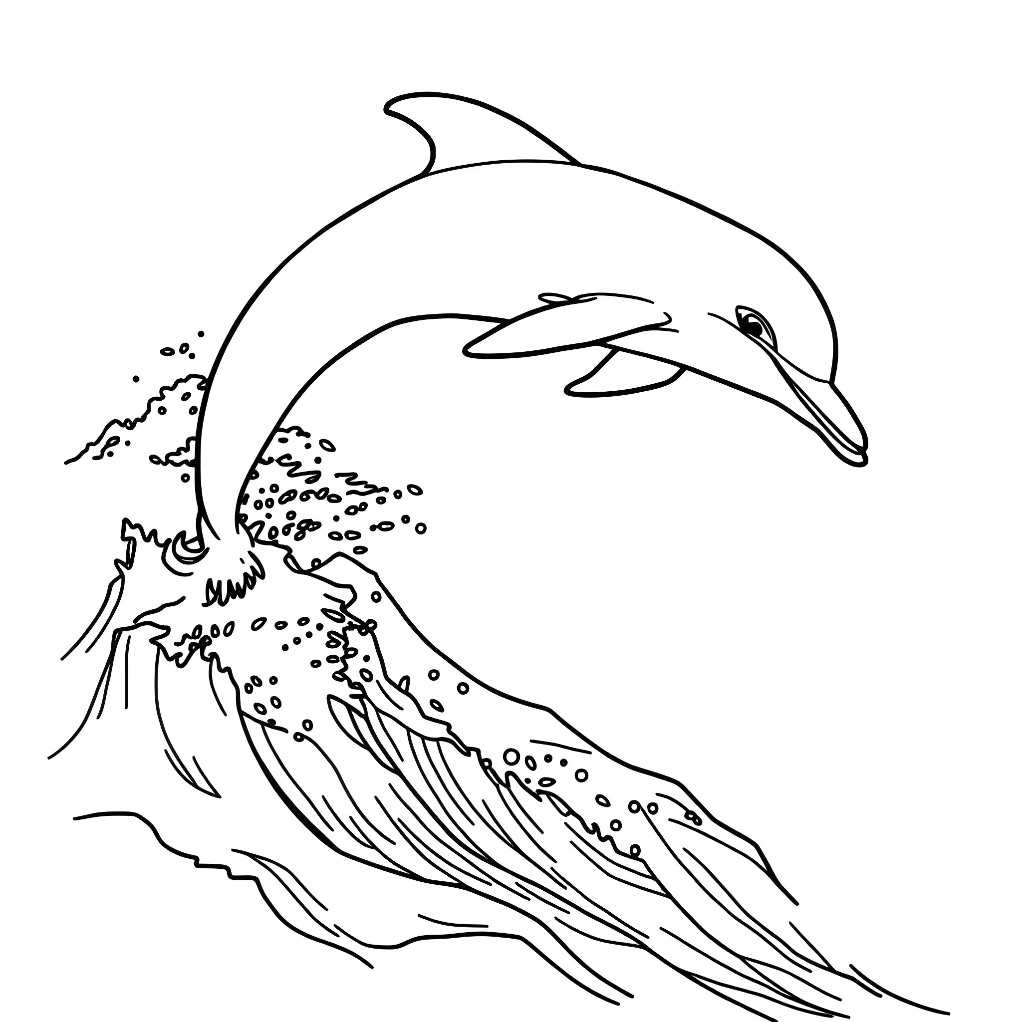 Dolphin jumping over waves Coloring Page (free black-and-white line drawing printable PDF for all, from beginners to advanced learners, including children, teens, adults, and seniors)