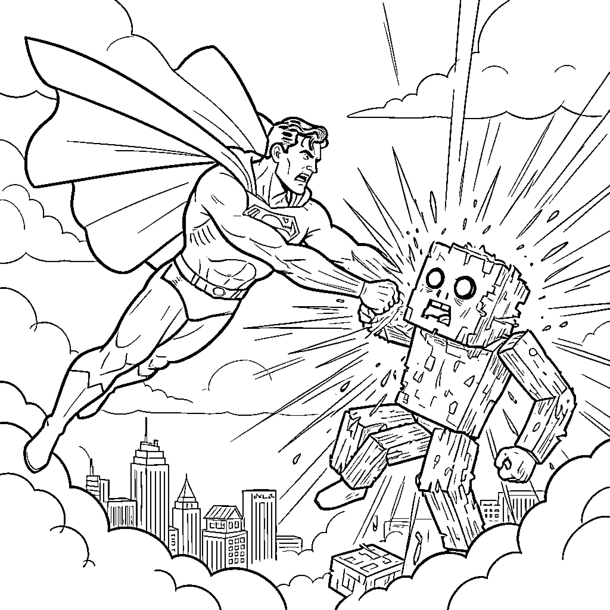 Superman battles a robotic villain in the city Coloring Page (free black-and-white line drawing printable PDF for all, from beginners to advanced learners, including children, teens, adults, and seniors)