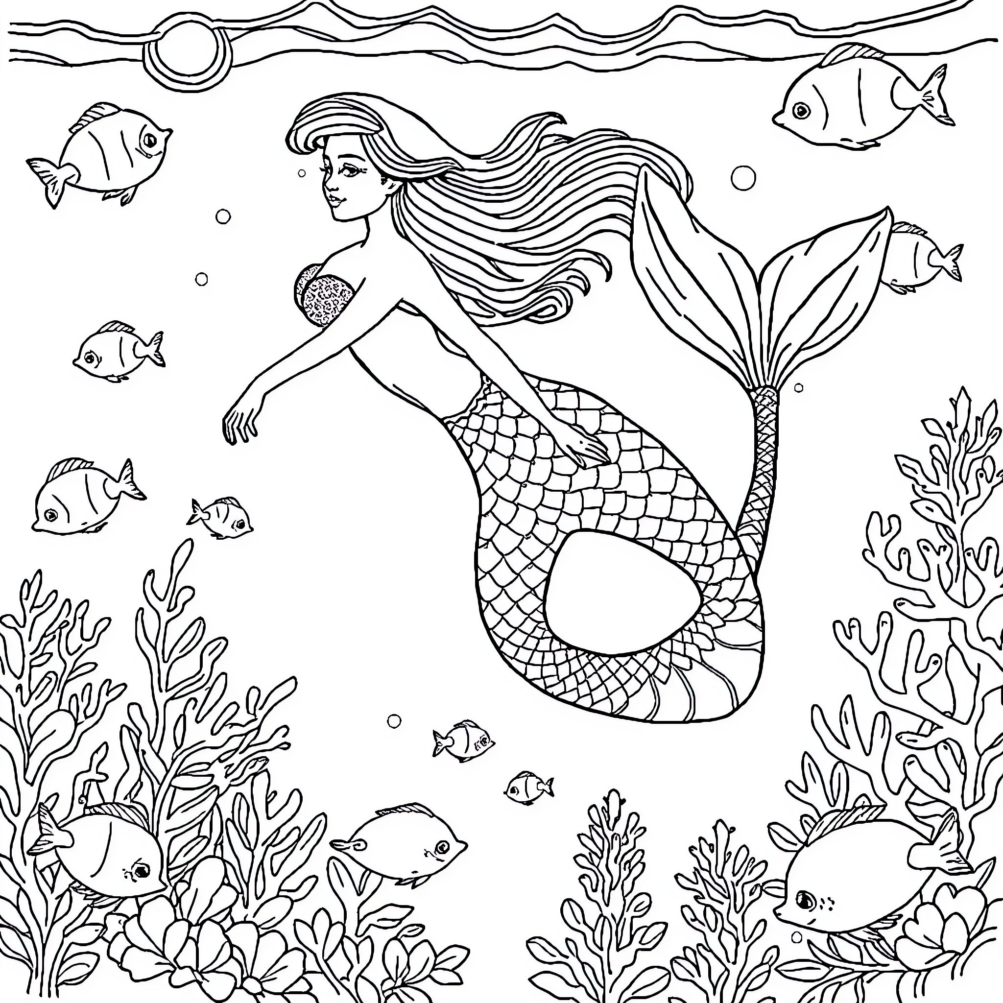 Mermaid swimming gracefully among marine life Coloring Page (free black-and-white line drawing printable PDF for all, from beginners to advanced learners, including children, teens, adults, and seniors)