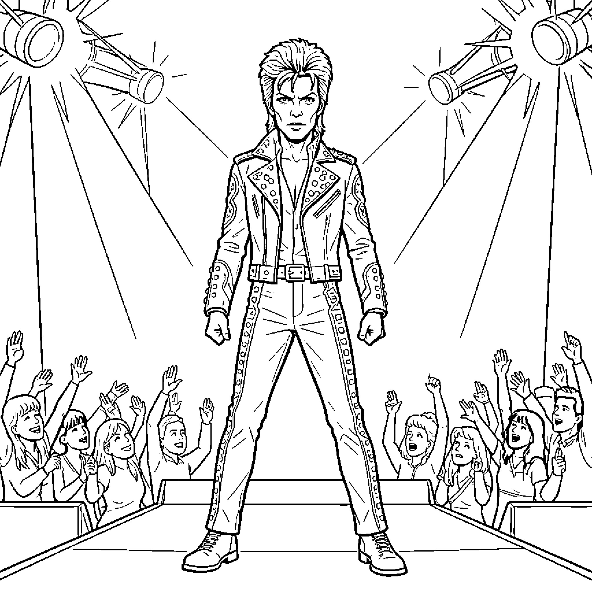 David Bowie Performing Onstage with Adoring Fans Coloring Page (free black-and-white line drawing printable PDF for all, from beginners to advanced learners, including children, teens, adults, and seniors)