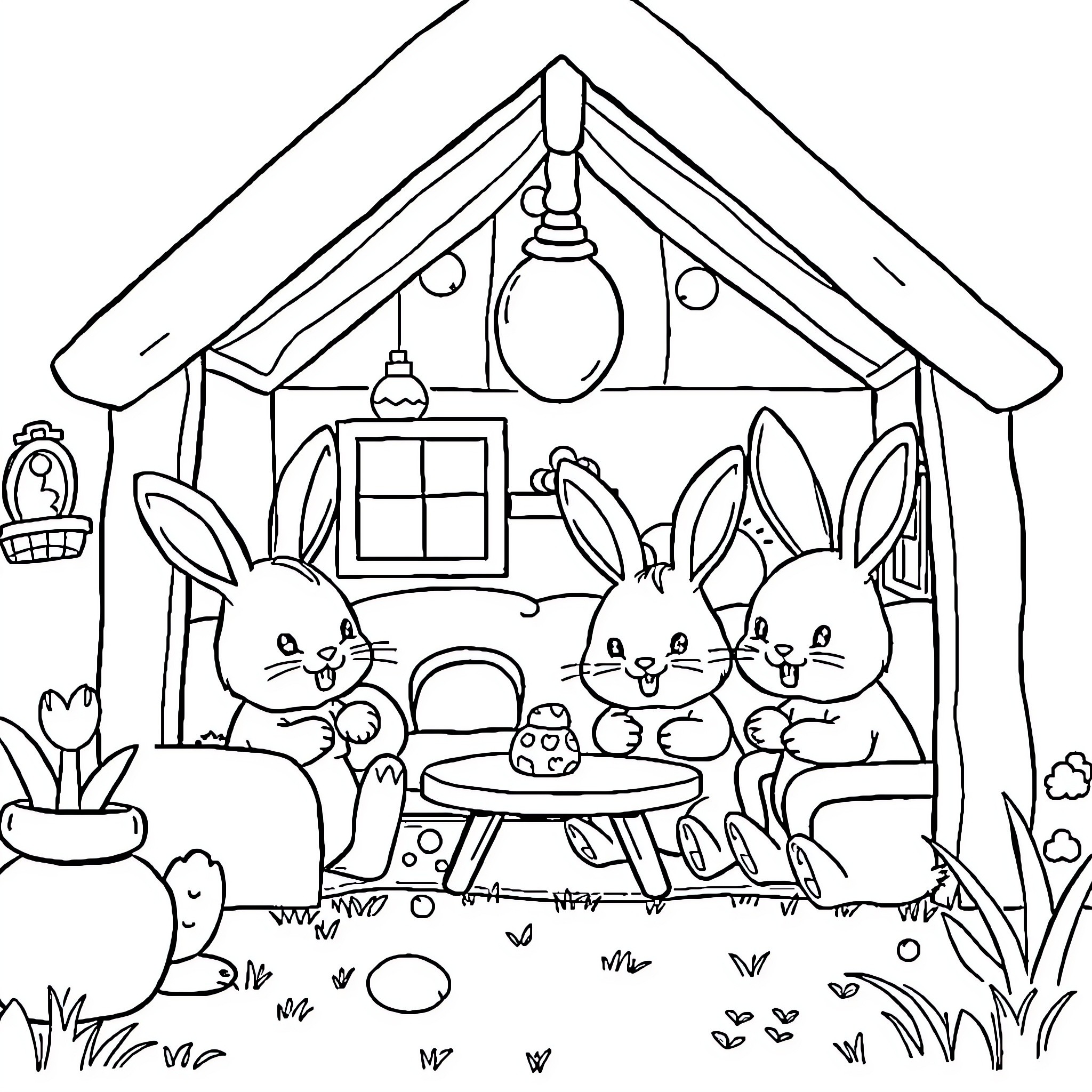 Rabbits gathering happily in their cozy cottage Coloring Page (free black-and-white line drawing printable PDF for all, from beginners to advanced learners, including children, teens, adults, and seniors)