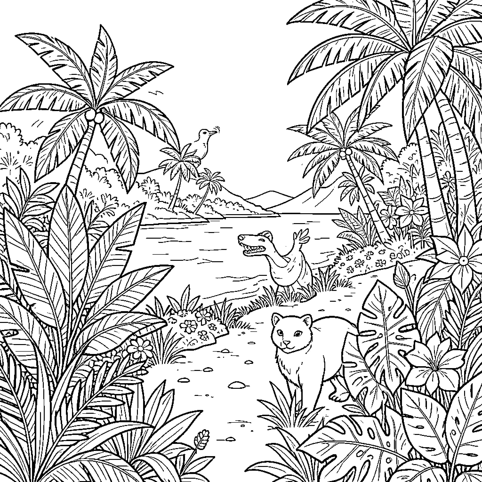 Endemic Plants with animals wandering through a tropical landscape Coloring Page (free black-and-white line drawing printable PDF for all, from beginners to advanced learners, including children, teens, adults, and seniors)