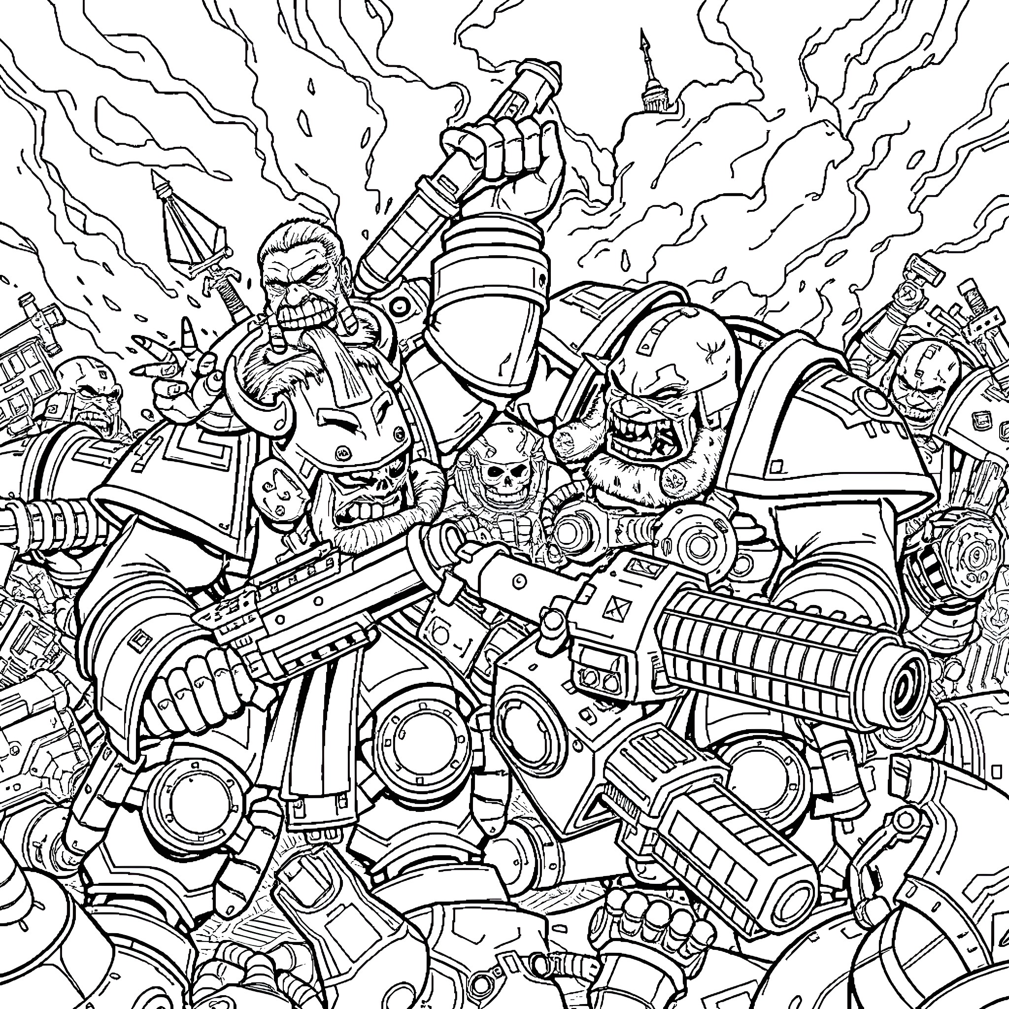Ork Warriors Engaging in Intense Battle Coloring Page (free black-and-white line drawing printable PDF for all, from beginners to advanced learners, including children, teens, adults, and seniors)