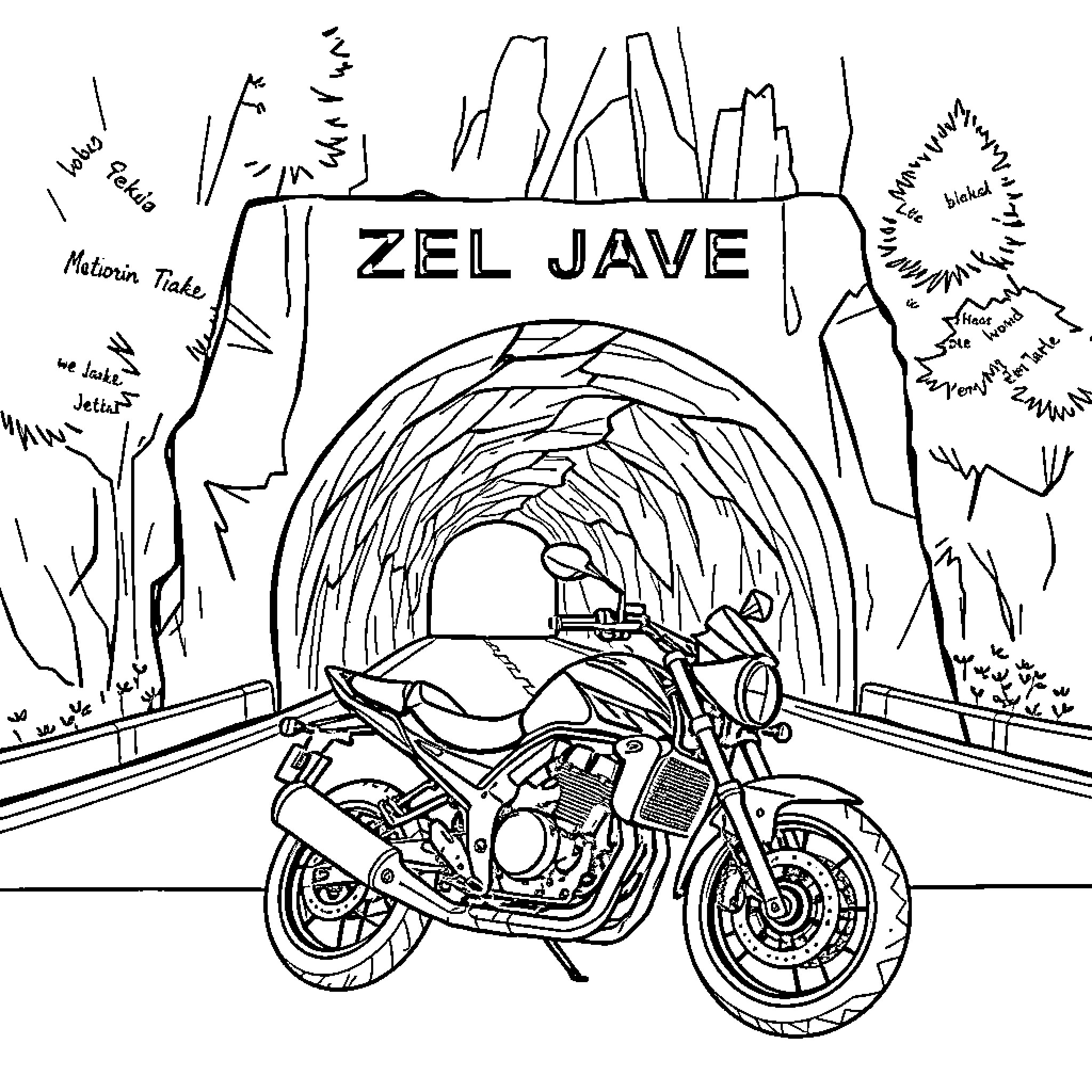 Motorcycle speeding through mysterious tunnel Coloring Page (free black-and-white line drawing printable PDF for all, from beginners to advanced learners, including children, teens, adults, and seniors)