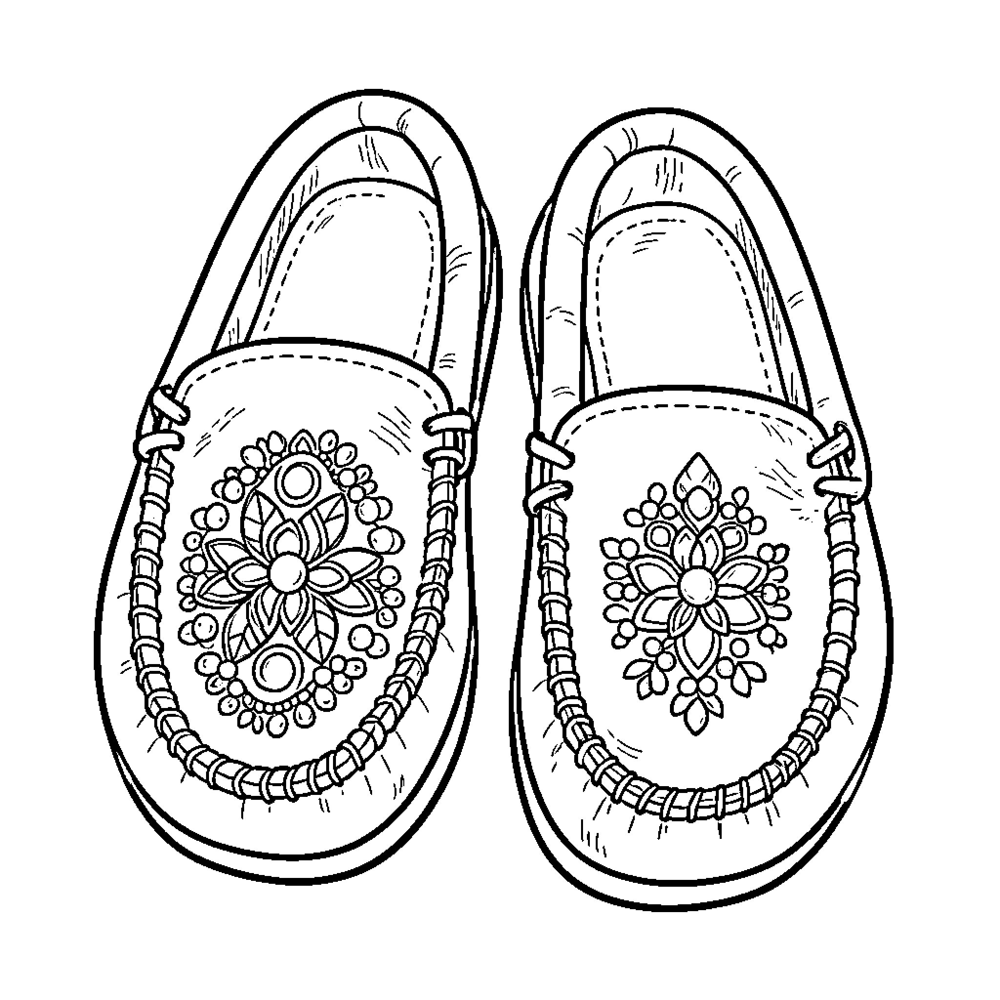 Moccasin Shoes with Intricate Flower Designs Coloring Page (free black-and-white line drawing printable PDF for all, from beginners to advanced learners, including children, teens, adults, and seniors)