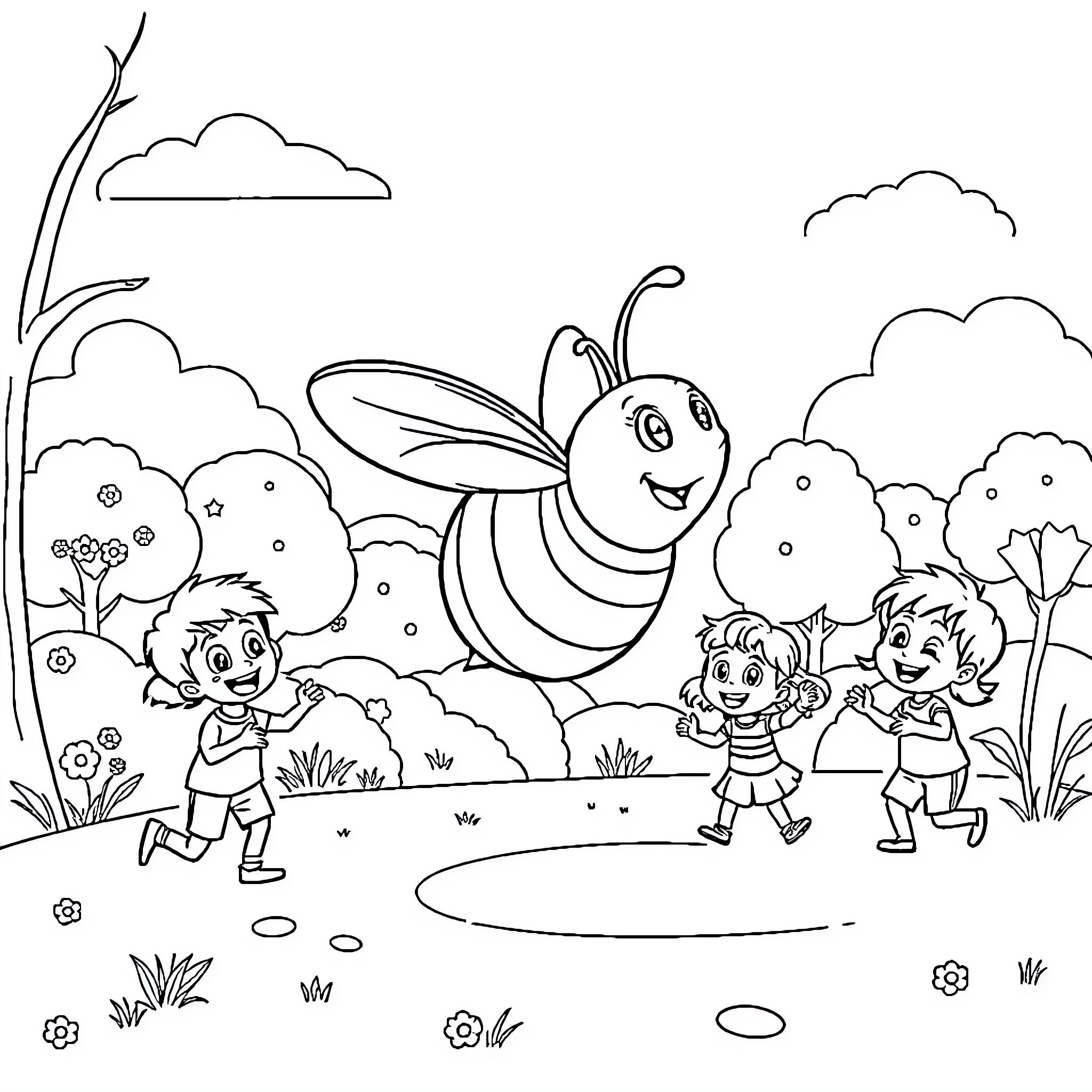 Maya and Friends Explore the Outdoors Coloring Page (free black-and-white line drawing printable PDF for all, from beginners to advanced learners, including children, teens, adults, and seniors)