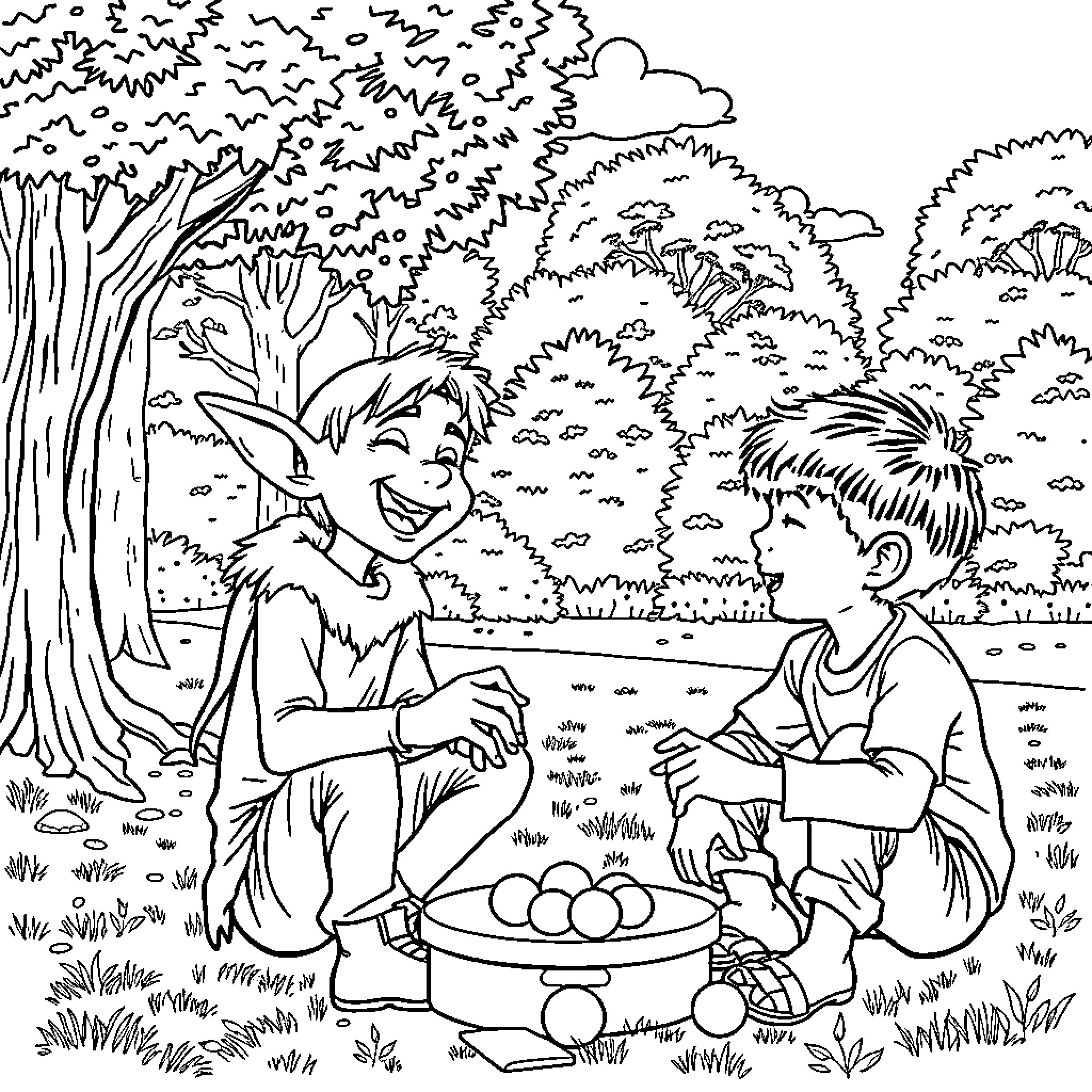Elf children playing in the enchanted forest Coloring Page (free black-and-white line drawing printable PDF for all, from beginners to advanced learners, including children, teens, adults, and seniors)