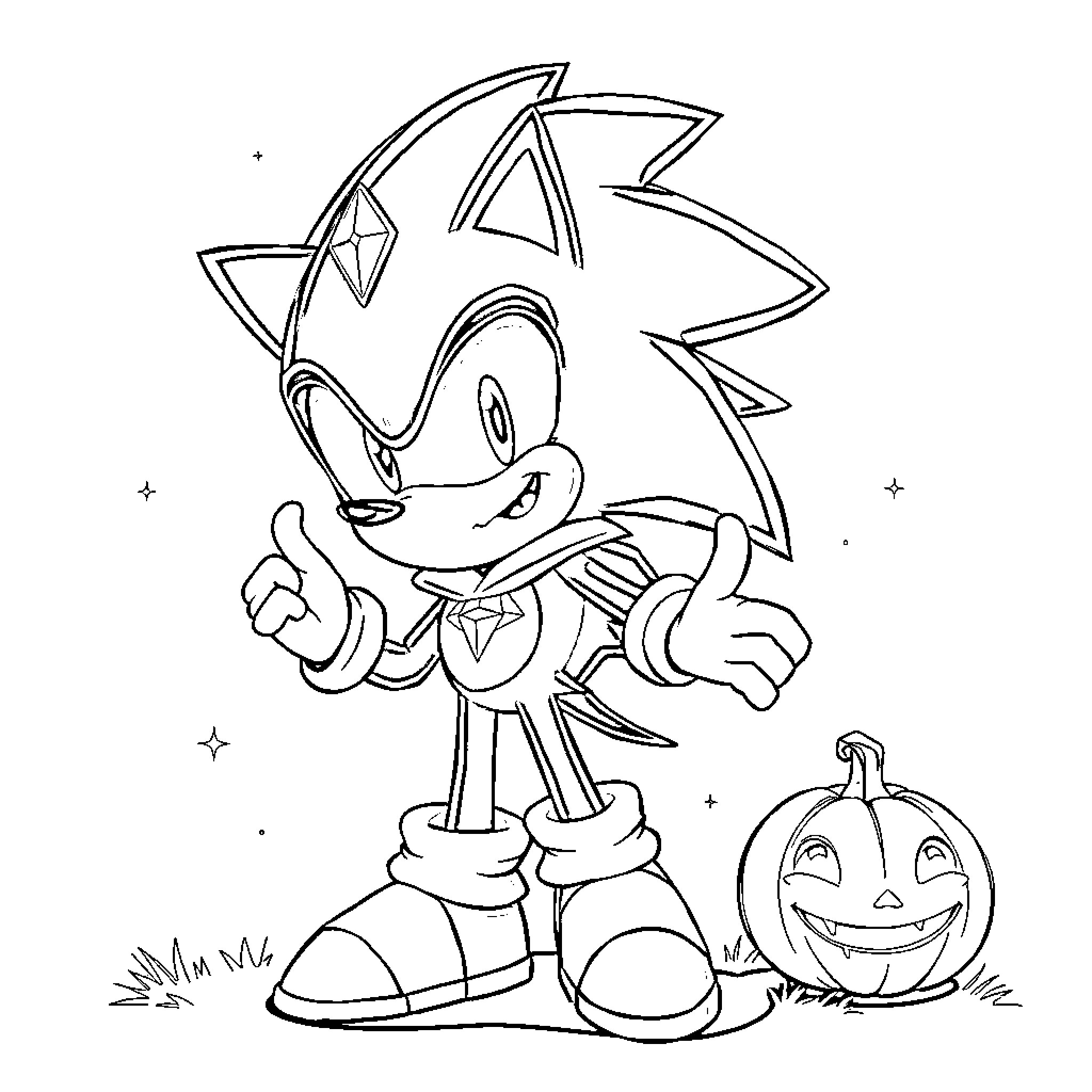 Sonic in Halloween Costume and Pumpkin Coloring Page (free black-and-white line drawing printable PDF for all, from beginners to advanced learners, including children, teens, adults, and seniors)