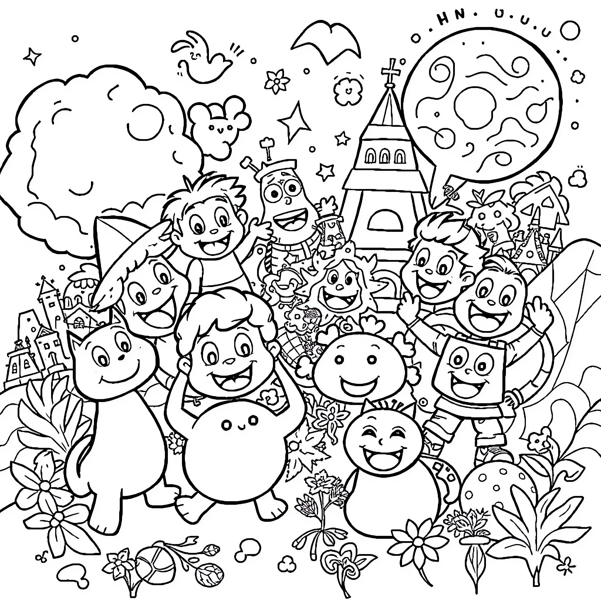 Kid's Whimsical Adventure in a Fantastical Land Coloring Page (free black-and-white line drawing printable PDF for all, from beginners to advanced learners, including children, teens, adults, and seniors)