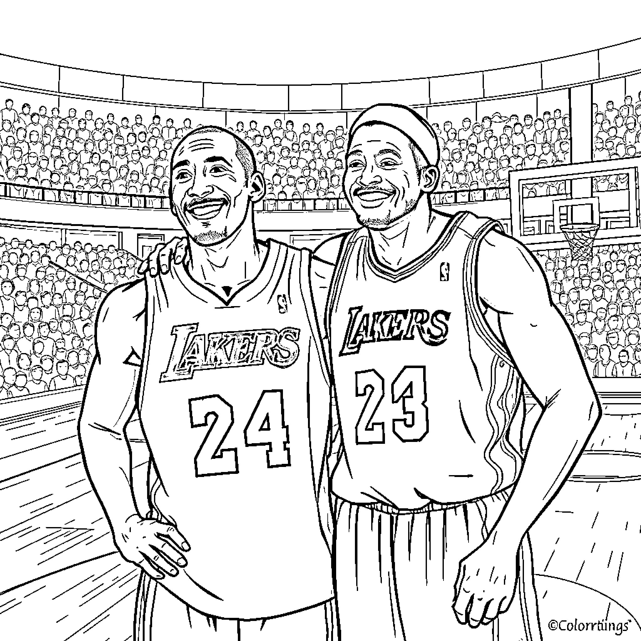 Kobe Bryant and LeBron James in Basketball Arena Coloring Page (free black-and-white line drawing printable PDF for all, from beginners to advanced learners, including children, teens, adults, and seniors)