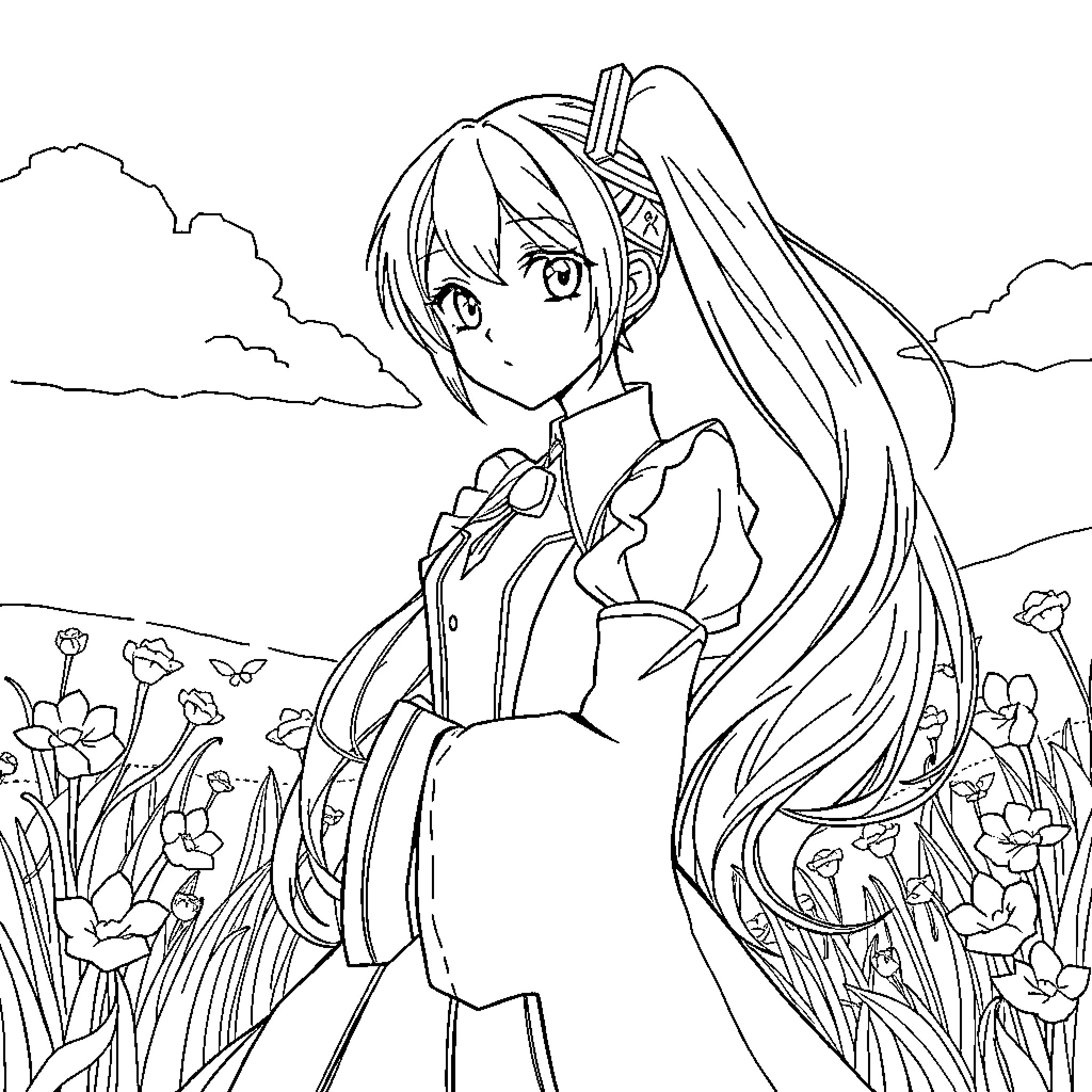 Miku in a scenic outdoor landscape Coloring Page (free black-and-white line drawing printable PDF for all, from beginners to advanced learners, including children, teens, adults, and seniors)