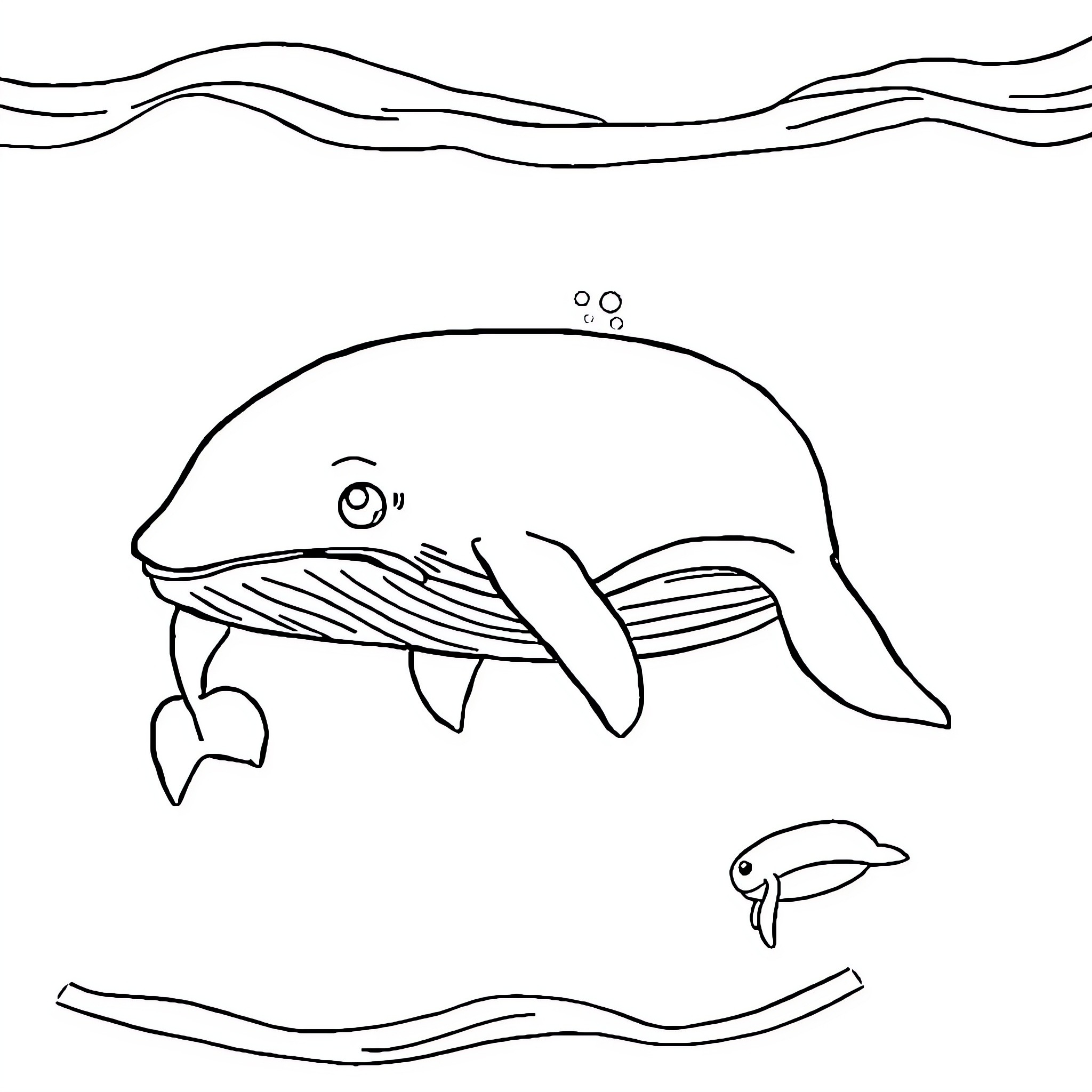 Whale swimming with baby whales in the ocean Coloring Page (free black-and-white line drawing printable PDF for all, from beginners to advanced learners, including children, teens, adults, and seniors)