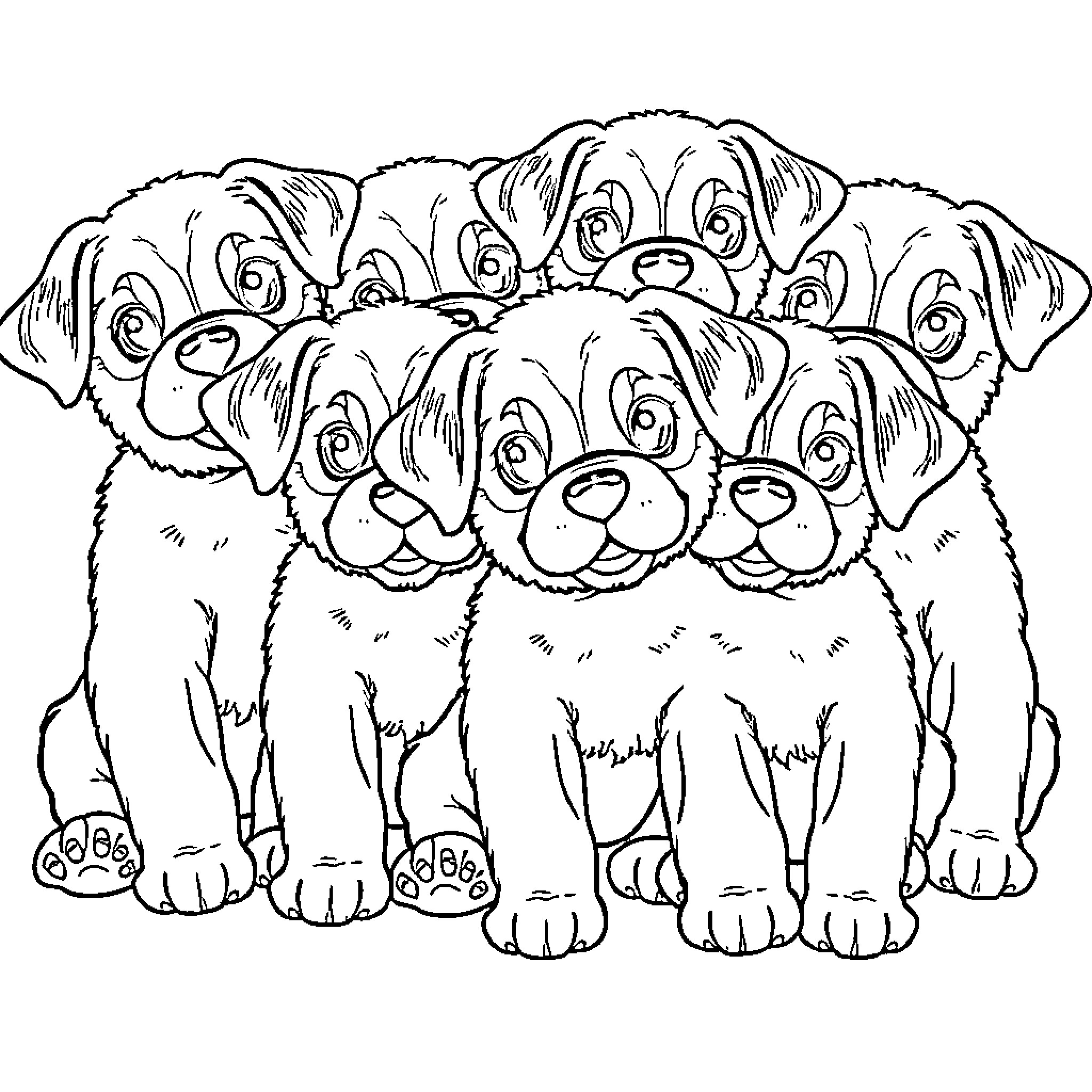 Puppy Companions Gathered Together Coloring Page (free black-and-white line drawing printable PDF for all, from beginners to advanced learners, including children, teens, adults, and seniors)