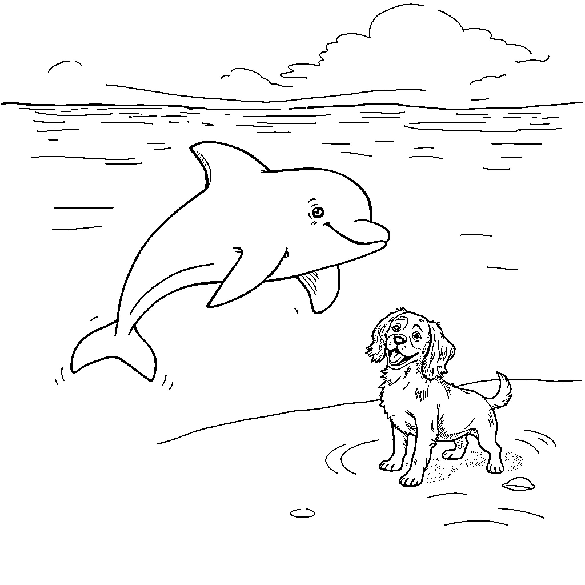 Dolphin splashing near playful dog on beach Coloring Page (free black-and-white line drawing printable PDF for all, from beginners to advanced learners, including children, teens, adults, and seniors)
