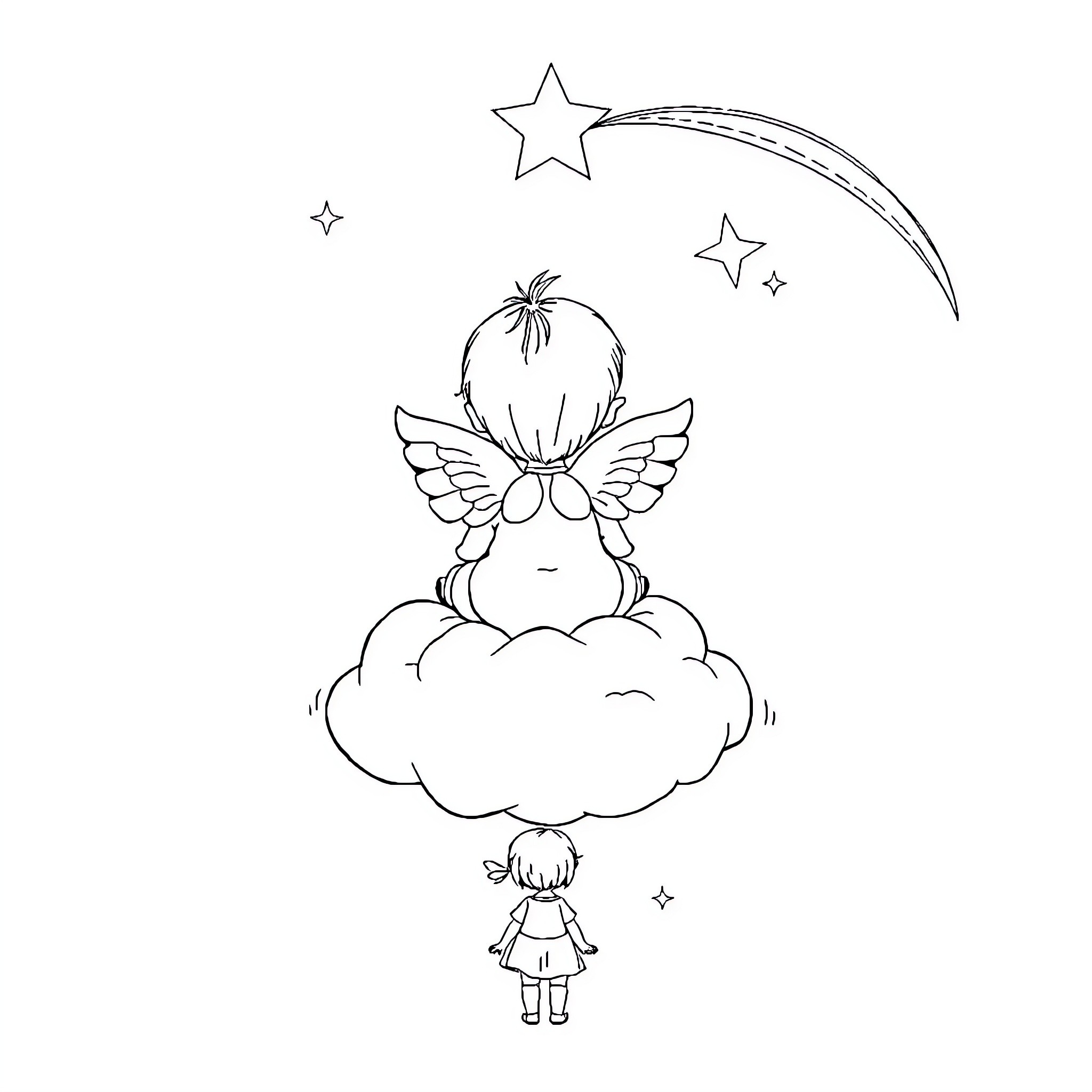 Angel with child on cloud under starry sky Coloring Page (free black-and-white line drawing printable PDF for all, from beginners to advanced learners, including children, teens, adults, and seniors)