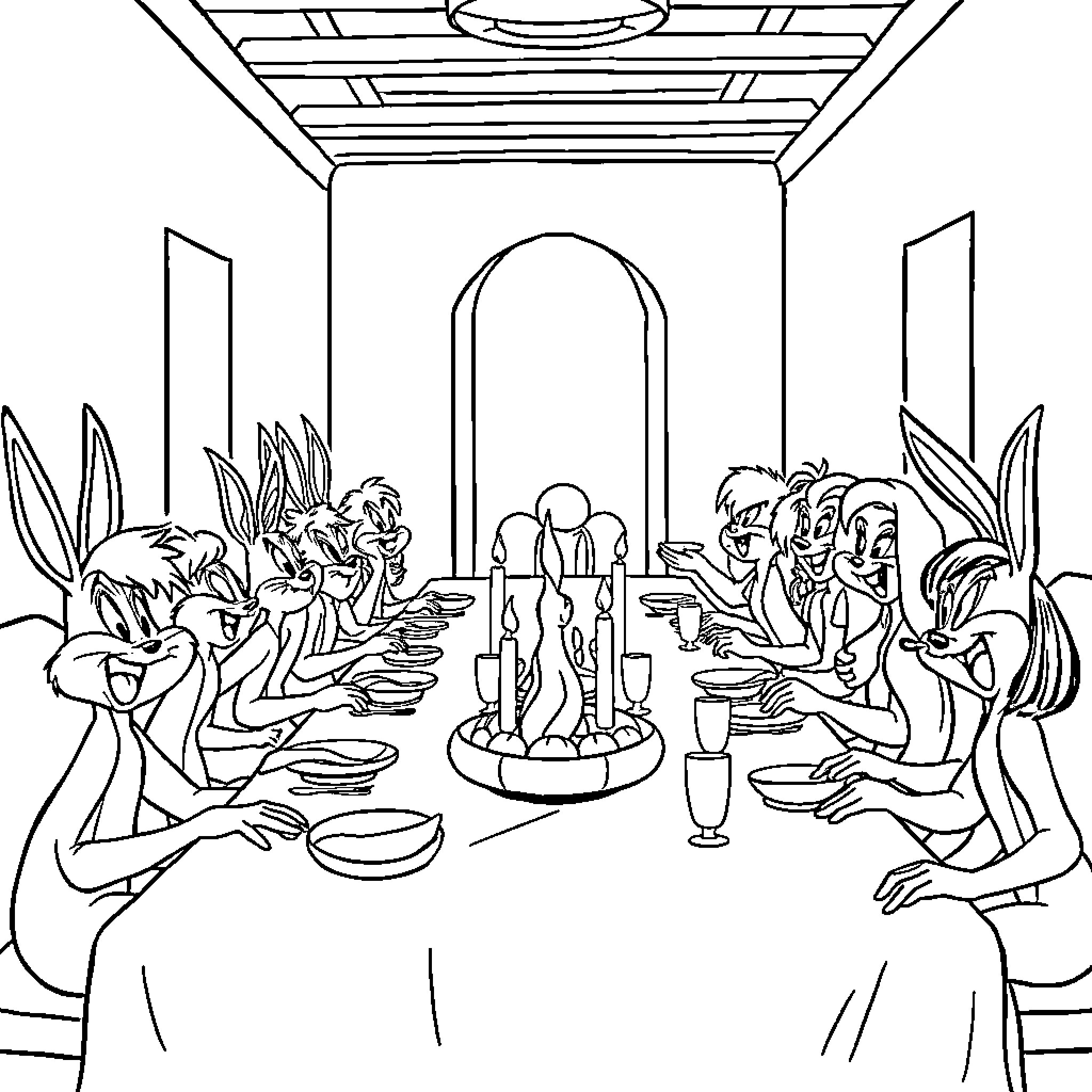 Cartoon Rabbits Celebrate at Festive Gathering Coloring Page (free black-and-white line drawing printable PDF for all, from beginners to advanced learners, including children, teens, adults, and seniors)