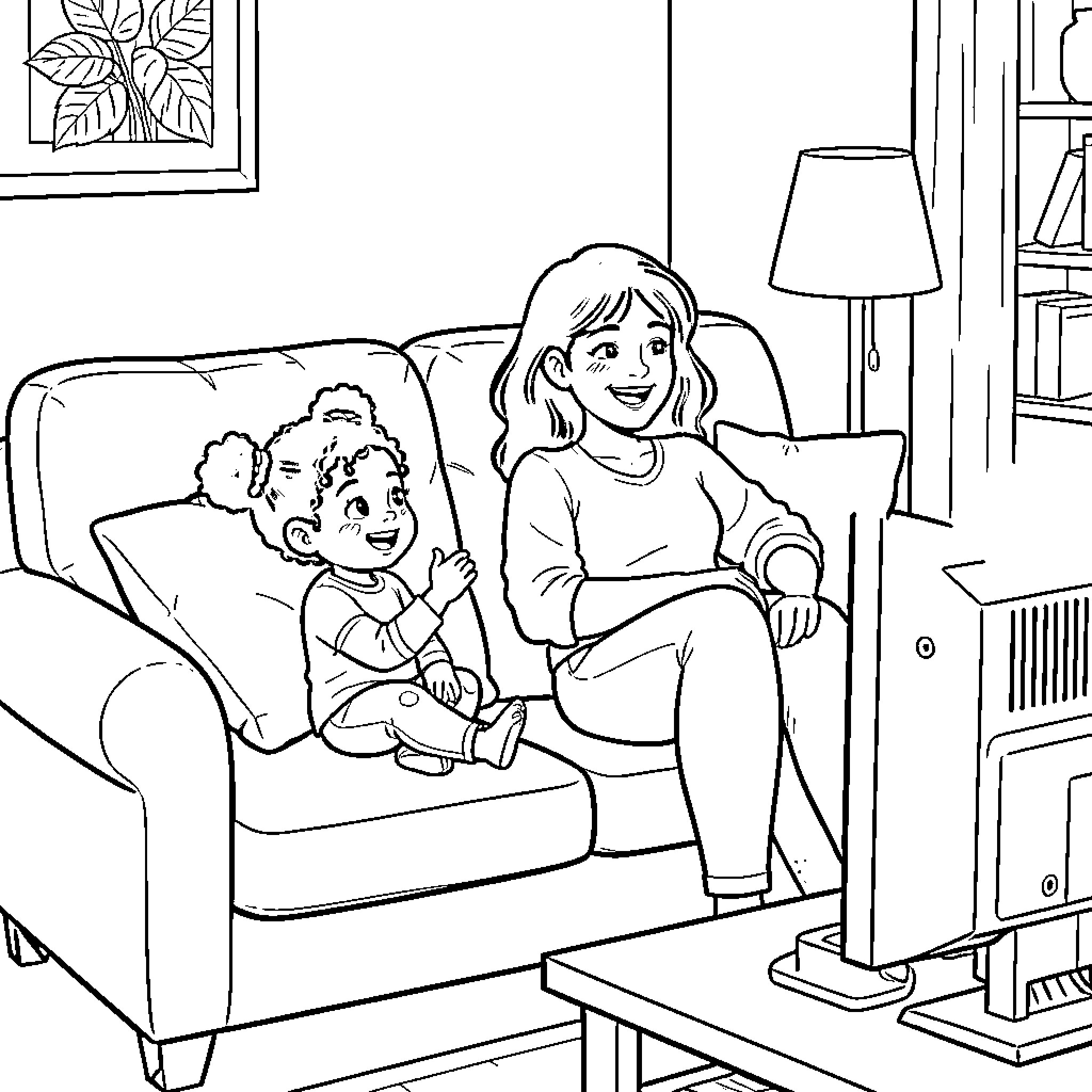 Maman's Cozy Moments with Child at Home Coloring Page (free black-and-white line drawing printable PDF for all, from beginners to advanced learners, including children, teens, adults, and seniors)