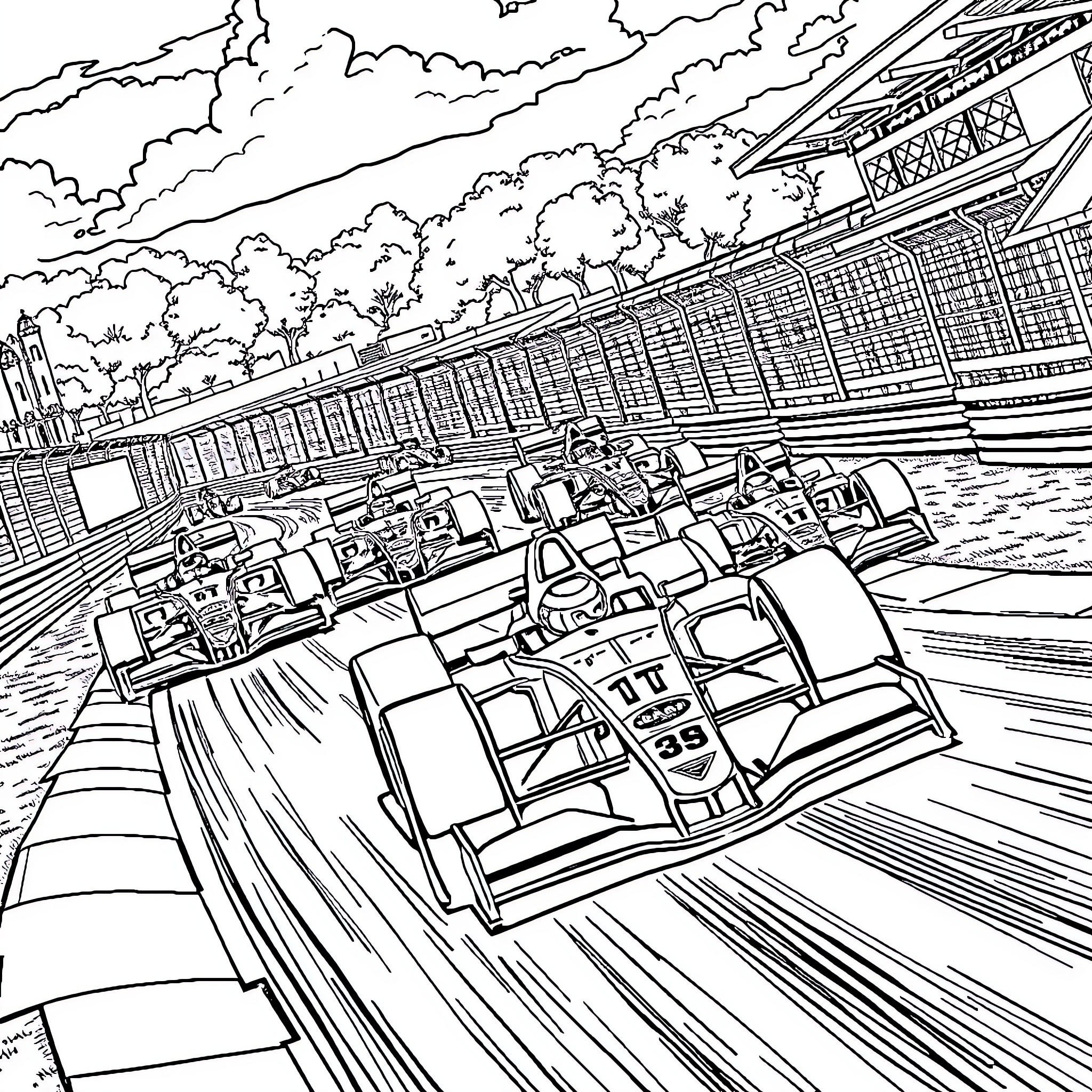 Formula One Racers Speeding on the Track Coloring Page (free black-and-white line drawing printable PDF for all, from beginners to advanced learners, including children, teens, adults, and seniors)