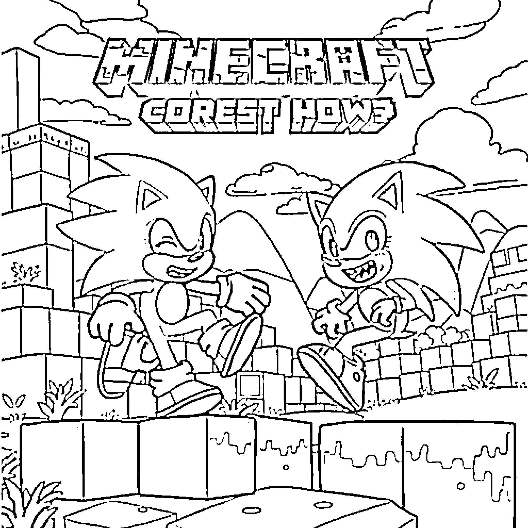 Creeper Sonic & Tails Adventure in Forest Home Coloring Page (free black-and-white line drawing printable PDF for all, from beginners to advanced learners, including children, teens, adults, and seniors)