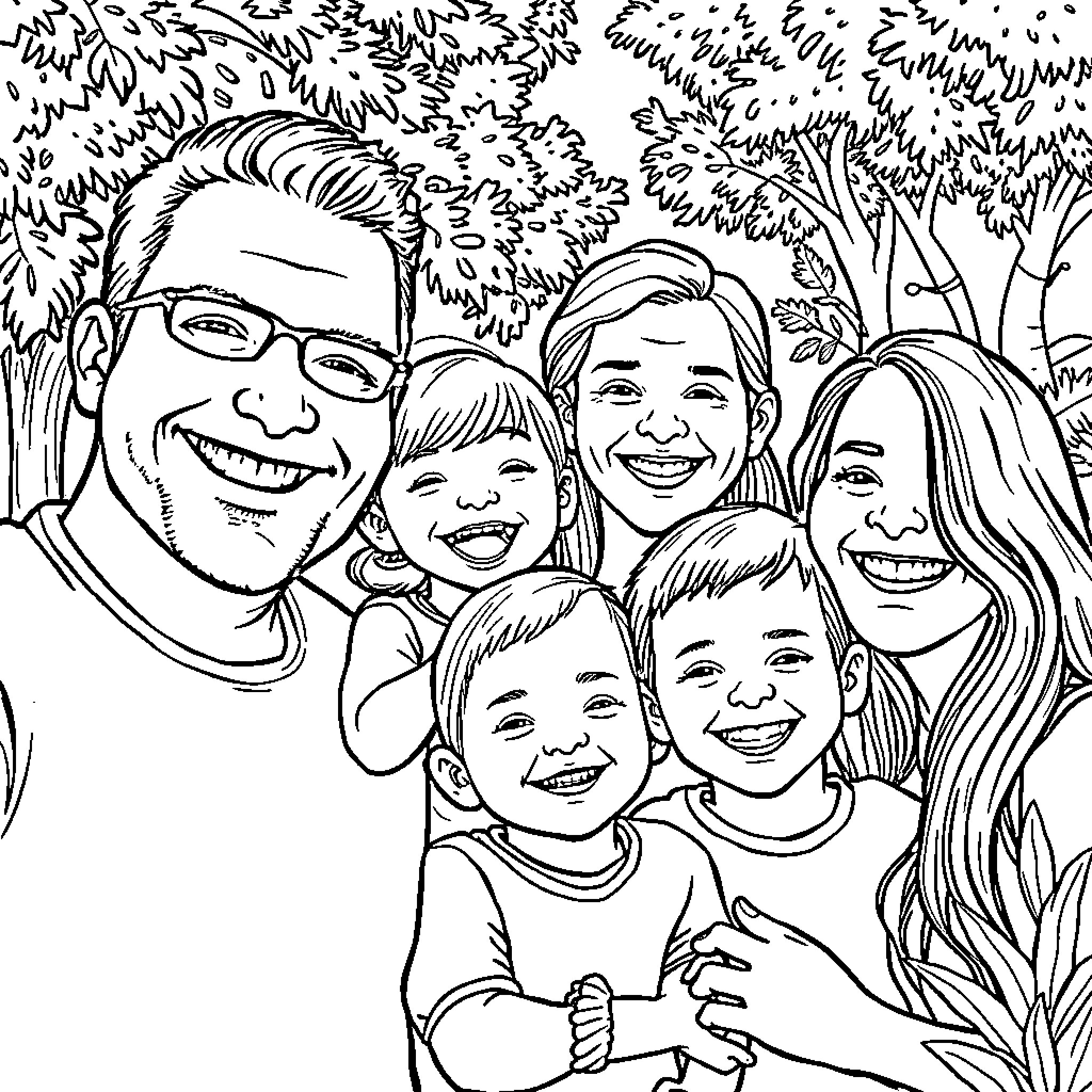 Stephen Sharer's Family Enjoying a Scenic Outdoor Adventure Coloring Page (free black-and-white line drawing printable PDF for all, from beginners to advanced learners, including children, teens, adults, and seniors)