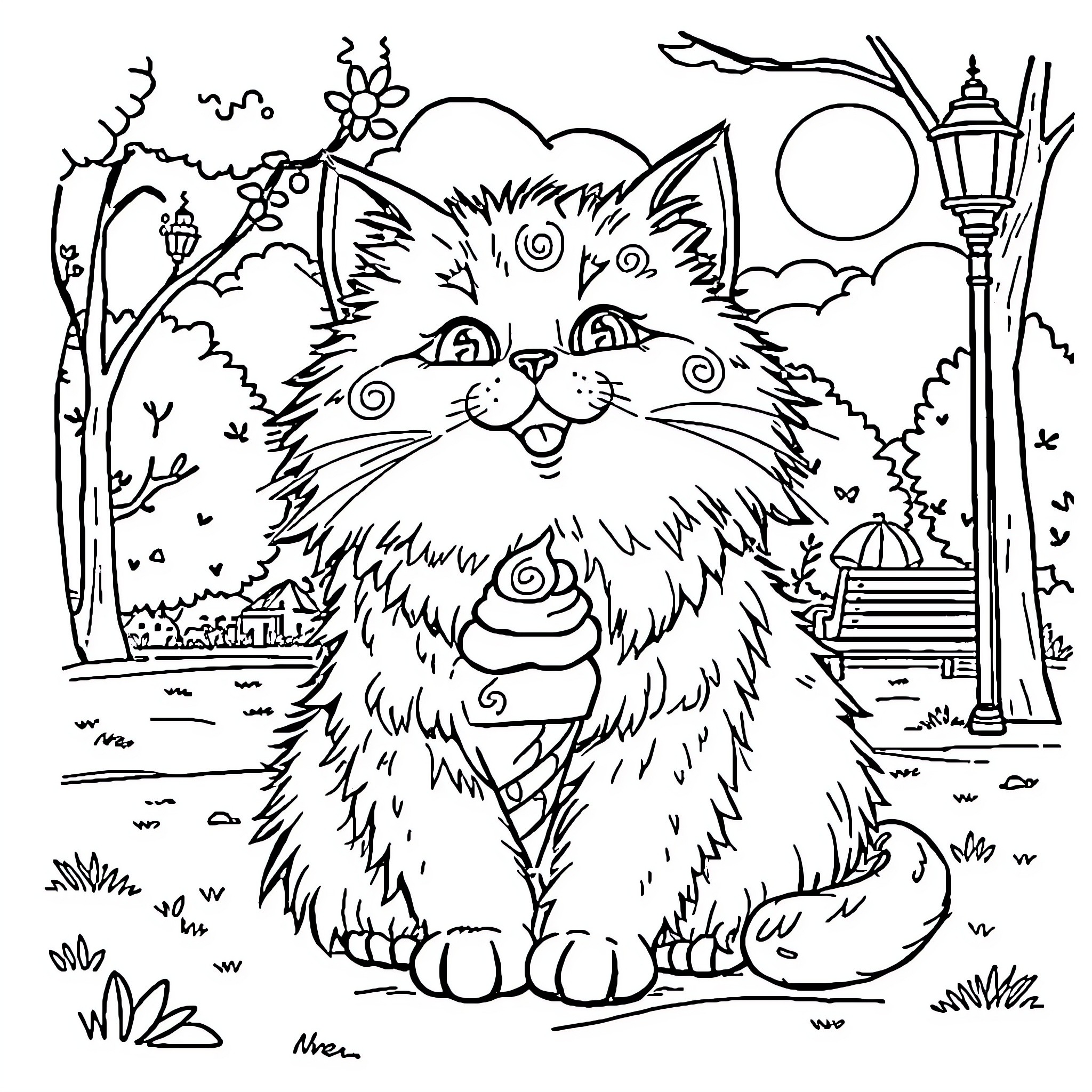 Ice Cream Cat enjoying a peaceful park scene Coloring Page (free black-and-white line drawing printable PDF for all, from beginners to advanced learners, including children, teens, adults, and seniors)