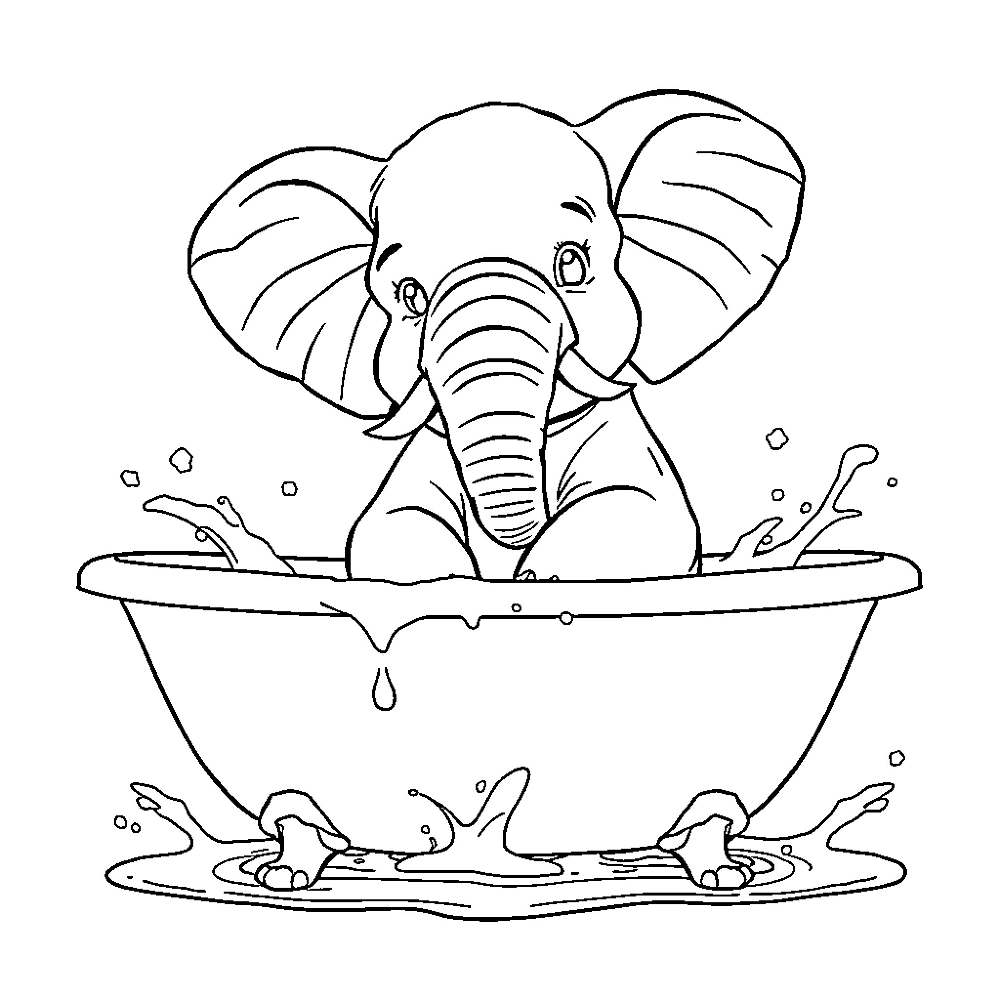 Elephant enjoying a bath in the tub Coloring Page (free black-and-white line drawing printable PDF for all, from beginners to advanced learners, including children, teens, adults, and seniors)