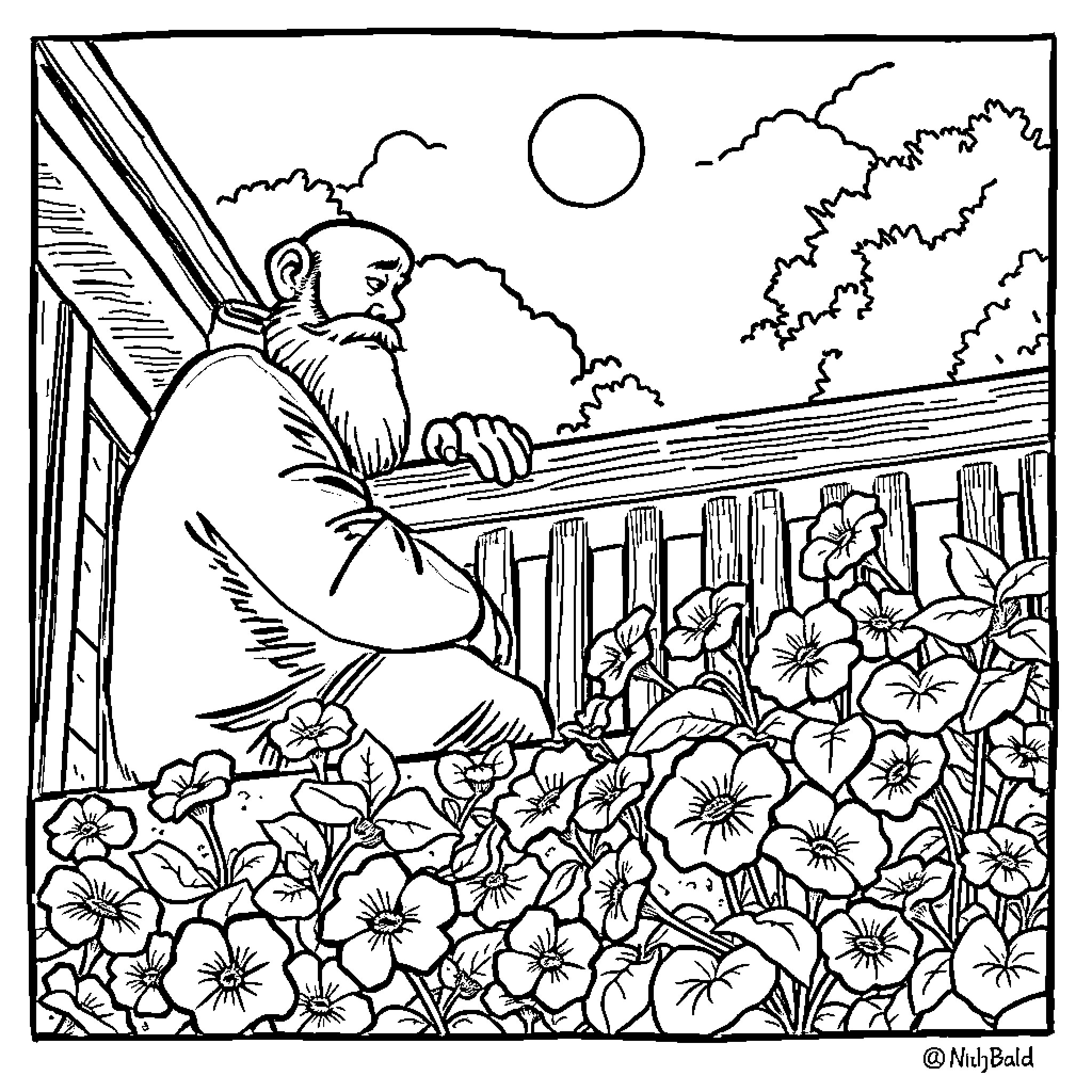 Man sitting on porch surrounded by flowers Coloring Page (free black-and-white line drawing printable PDF for all, from beginners to advanced learners, including children, teens, adults, and seniors)