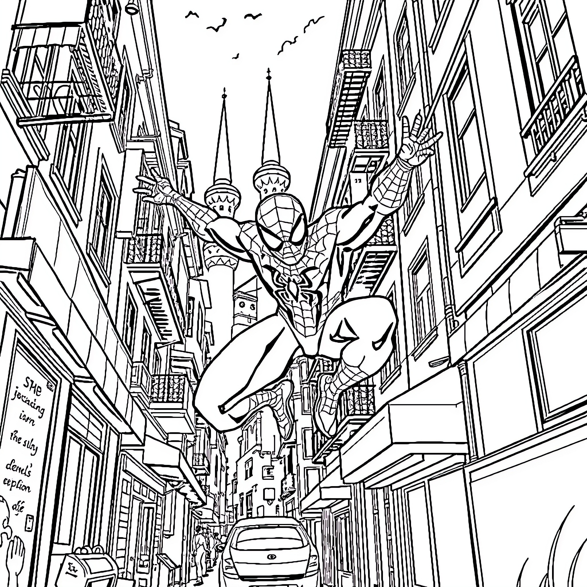 Spiderman swinging through the bustling city streets Coloring Page (free black-and-white line drawing printable PDF for all, from beginners to advanced learners, including children, teens, adults, and seniors)