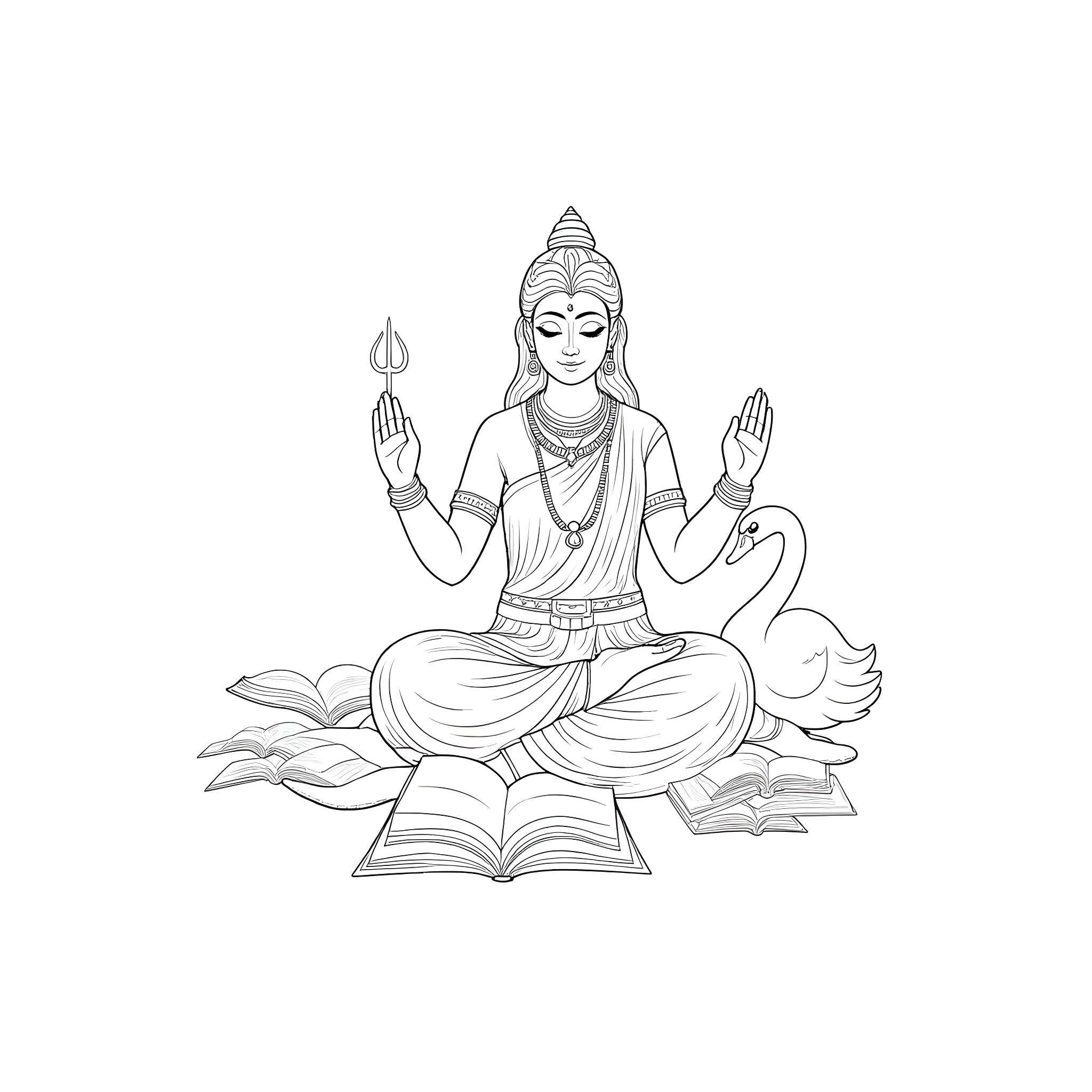 Saraswati, the Goddess of Knowledge and the Arts Coloring Page (free black-and-white line drawing printable PDF for all, from beginners to advanced learners, including children, teens, adults, and seniors)