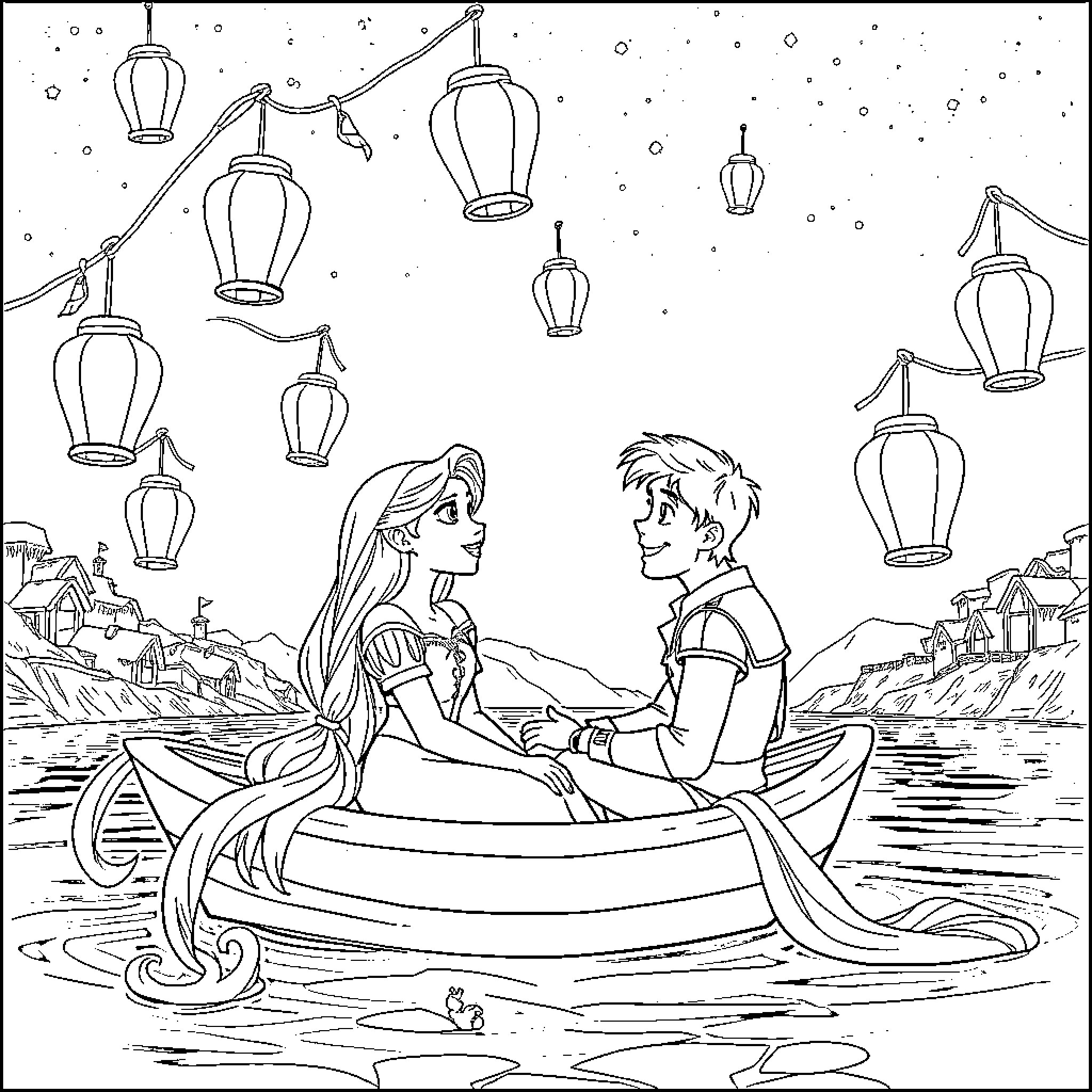 Rapunzel and Eugene enjoying a romantic boat ride Coloring Page (free black-and-white line drawing printable PDF for all, from beginners to advanced learners, including children, teens, adults, and seniors)