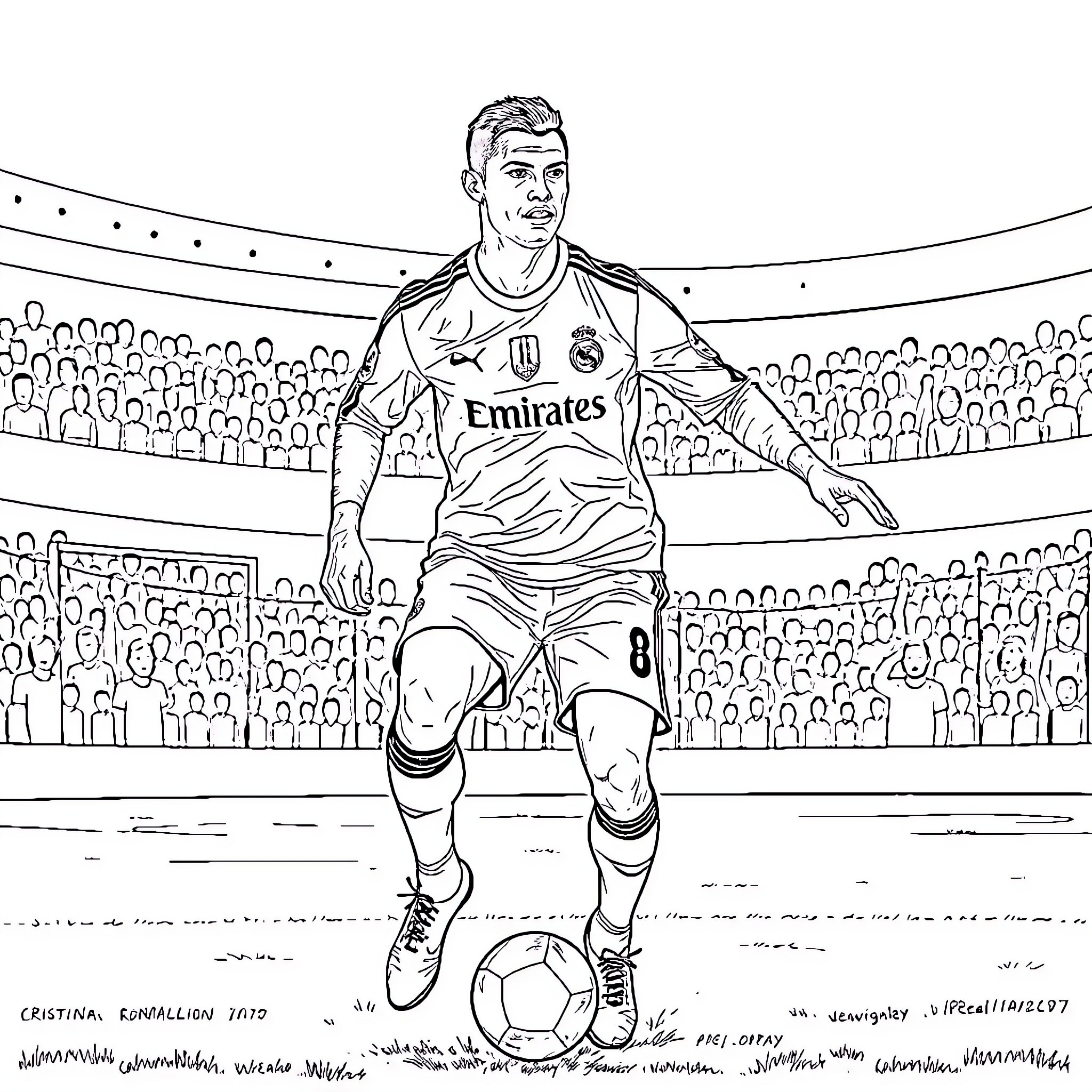 Cr7 Footballer in Action on the Pitch Coloring Page (free black-and-white line drawing printable PDF for all, from beginners to advanced learners, including children, teens, adults, and seniors)